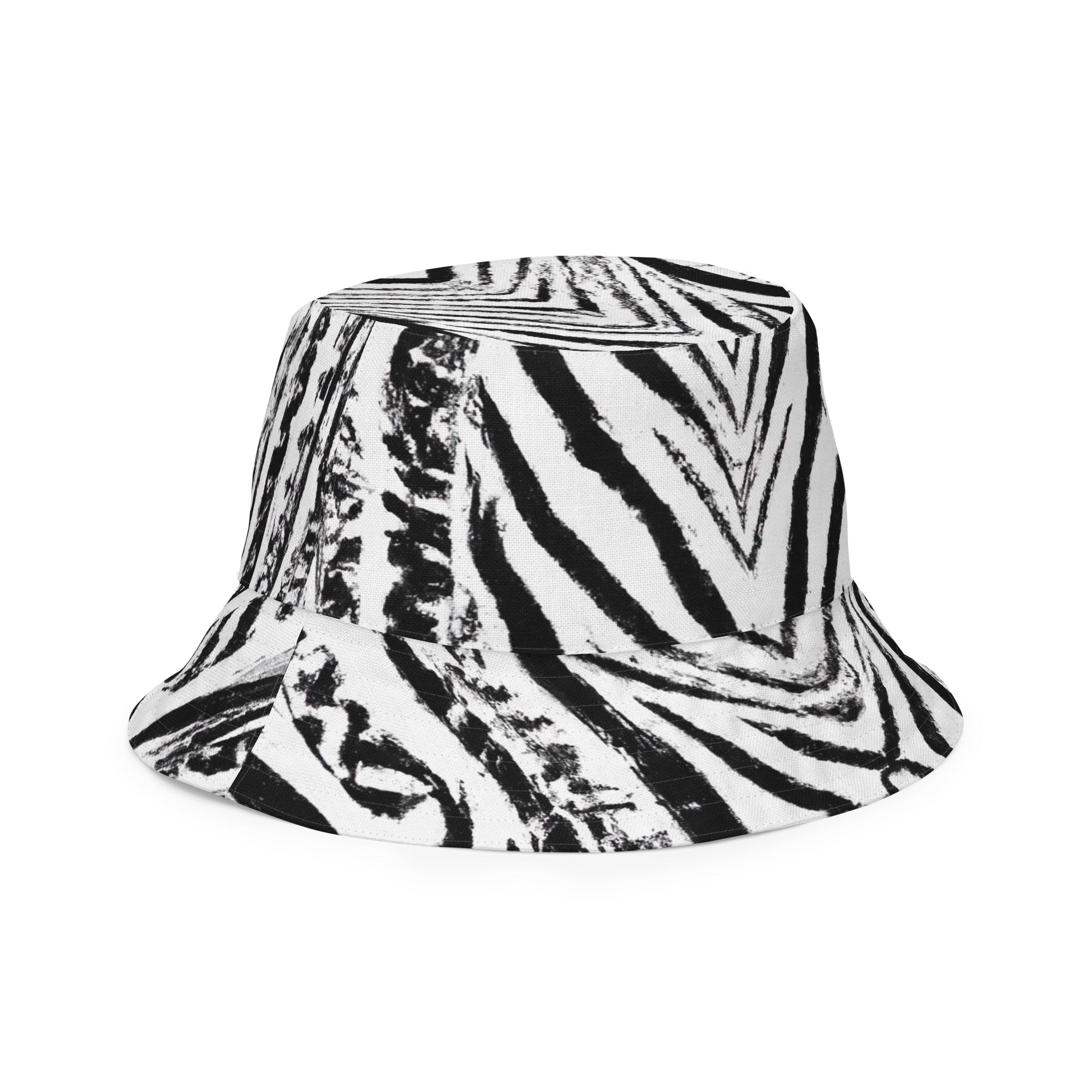 Reversible bucket hat featuring a black and white native print, showcasing its stylish design and premium fabric.