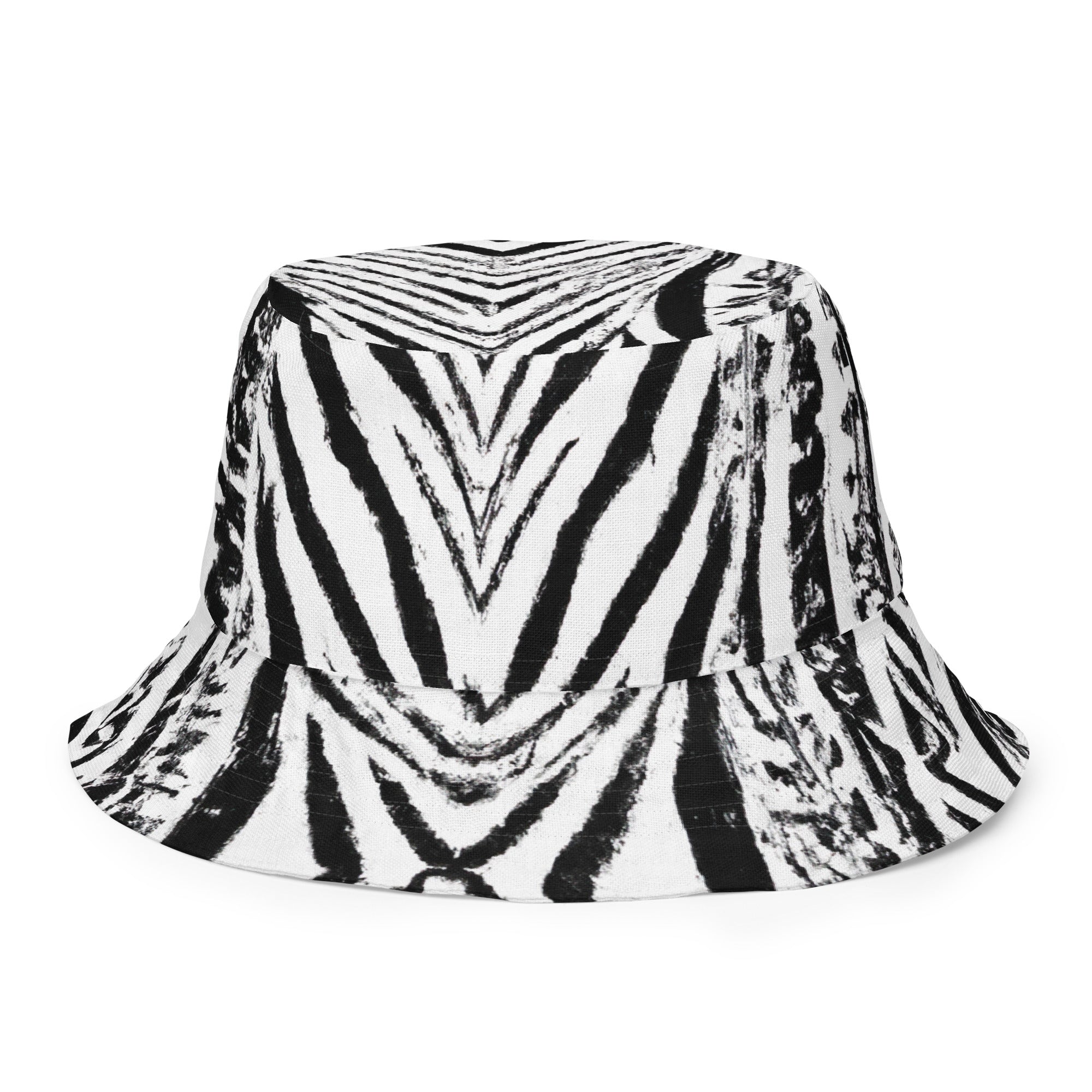 Reversible bucket hat featuring a black and white native print, showcasing its stylish design and premium fabric.