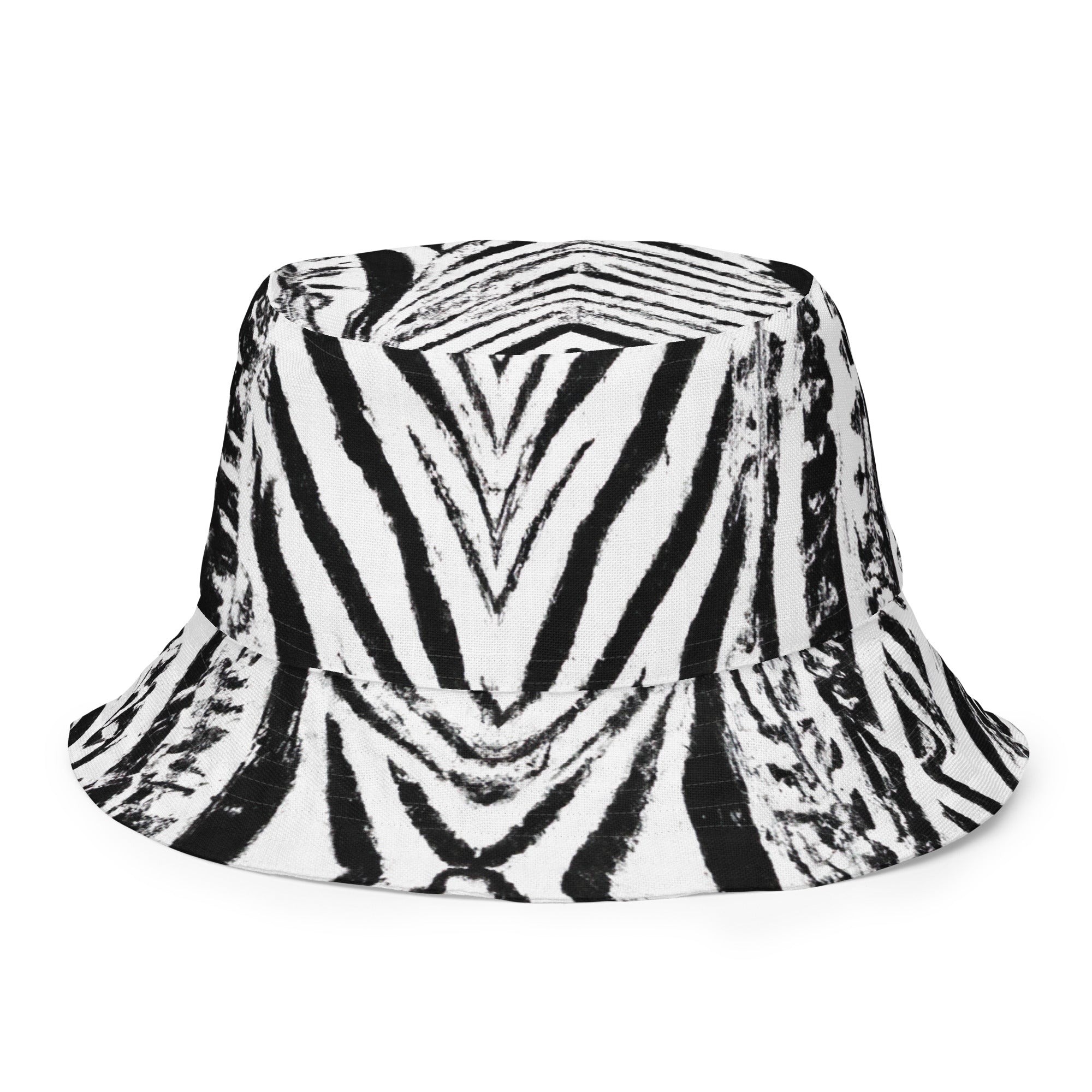 Reversible bucket hat featuring a black and white native print, showcasing its stylish design and premium fabric.