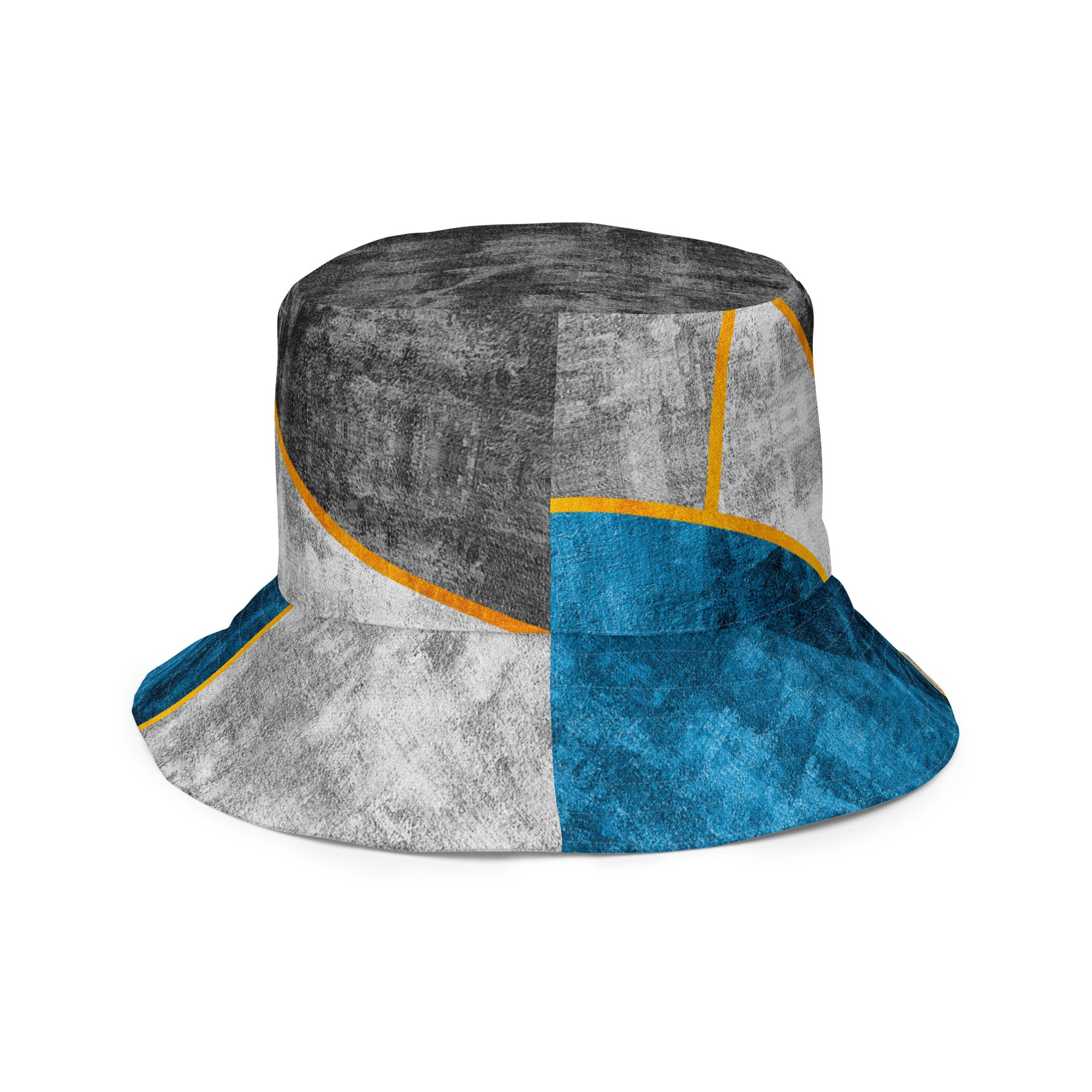 Reversible bucket hat featuring a blue grey geometric pattern, showcasing both sides of the design.