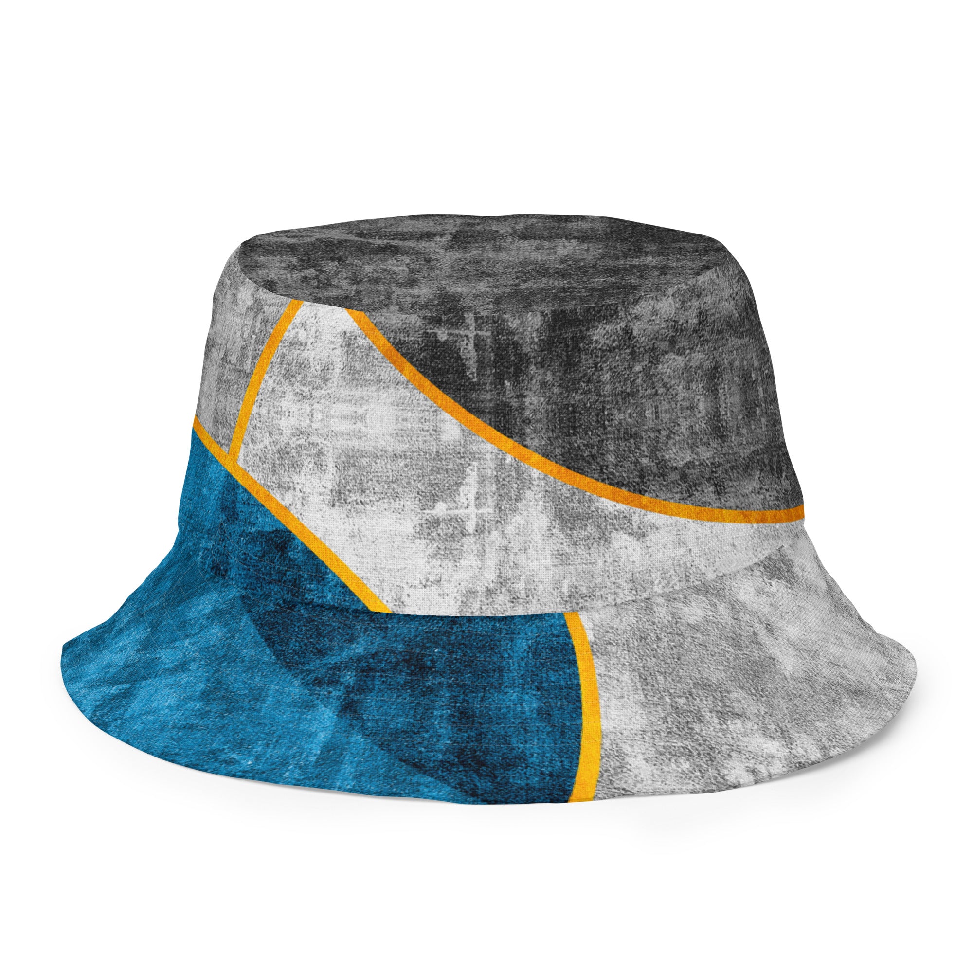 Reversible bucket hat featuring a blue grey geometric pattern, showcasing both sides of the design.