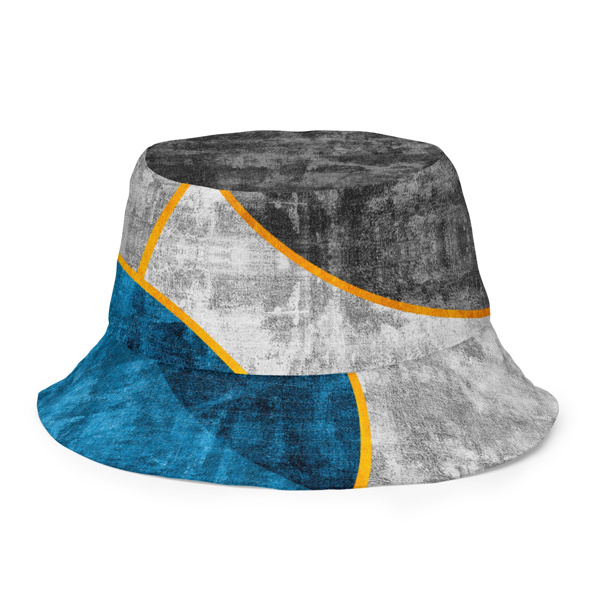 Reversible bucket hat featuring a blue grey geometric pattern, showcasing both sides of the design.