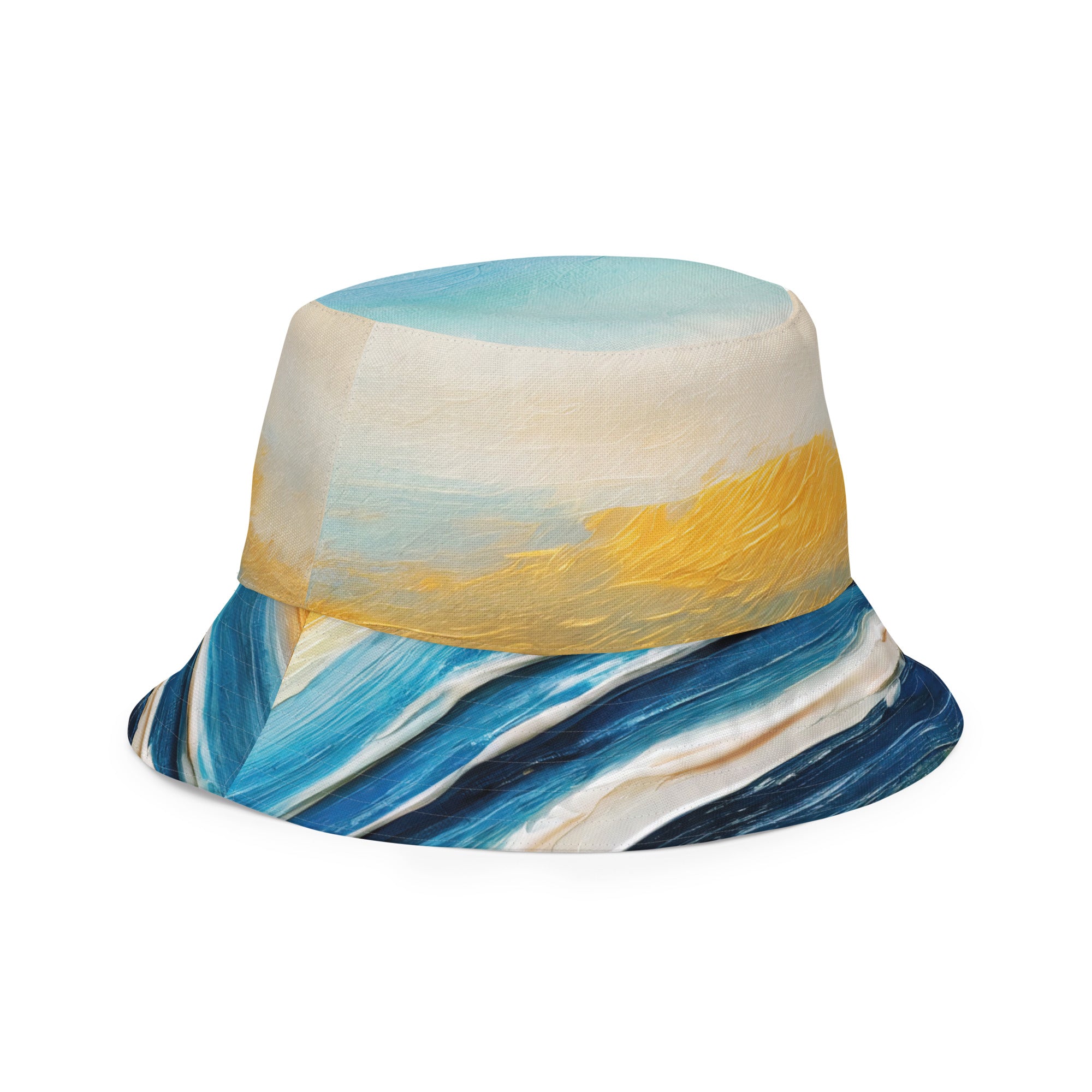 Reversible bucket hat featuring Blue Ocean and Golden Sunset print, showcasing vibrant colors and stylish design.