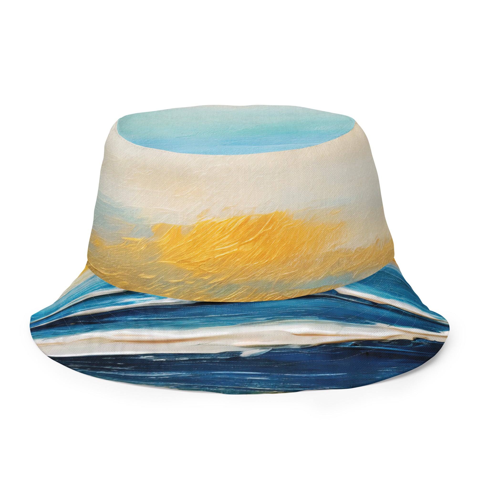 Reversible bucket hat featuring Blue Ocean and Golden Sunset print, showcasing vibrant colors and stylish design.