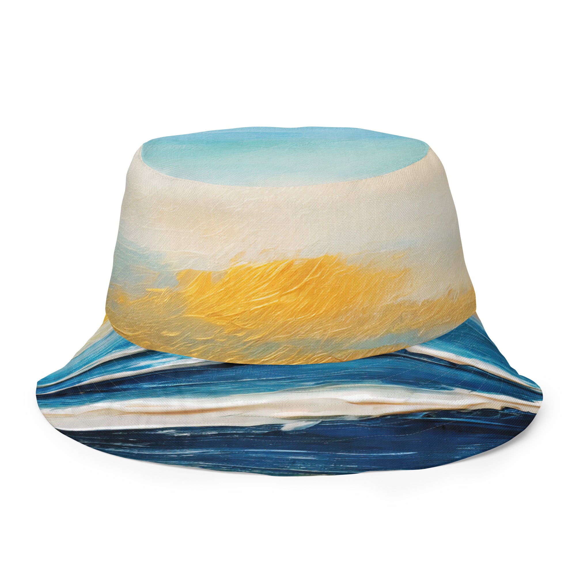 Reversible bucket hat featuring Blue Ocean and Golden Sunset print, showcasing vibrant colors and stylish design.