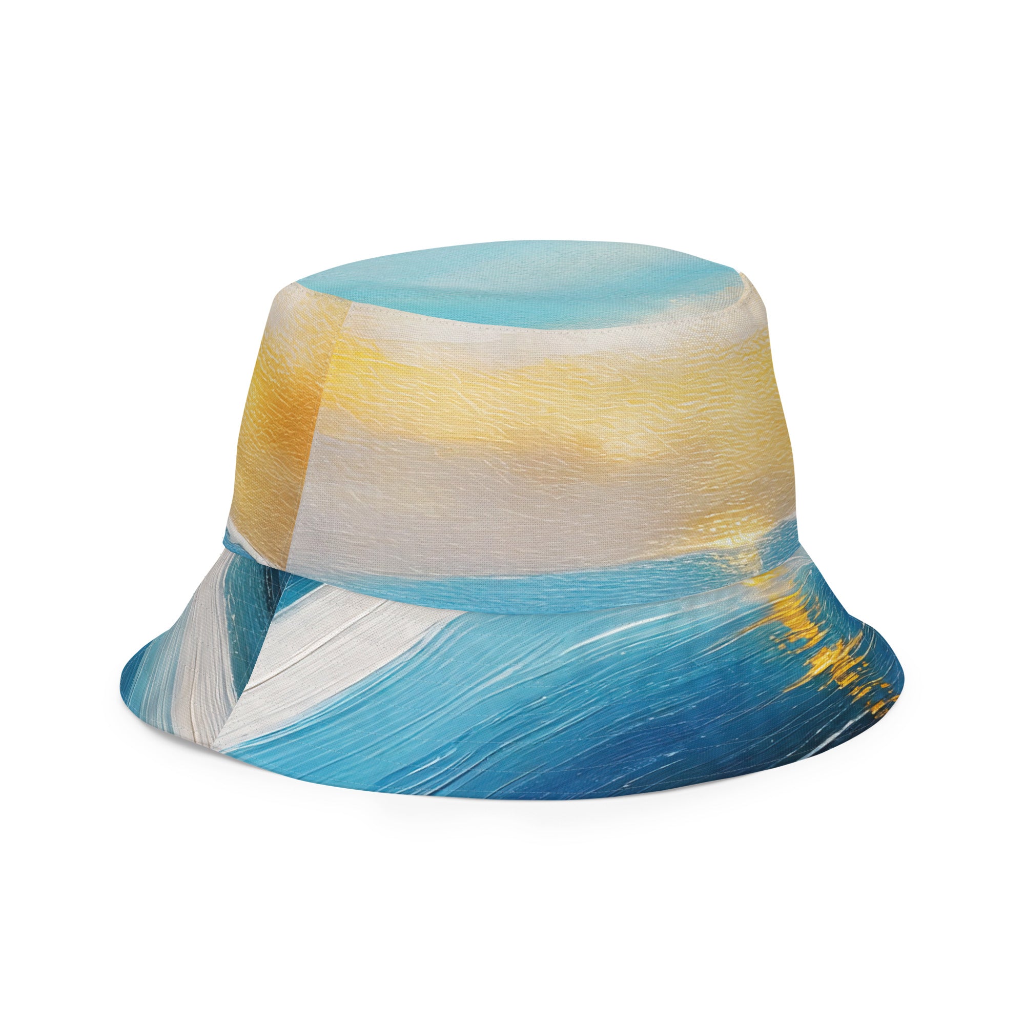 Reversible bucket hat featuring Blue Ocean and Golden Sunset Print, showcasing vibrant colors and stylish design.