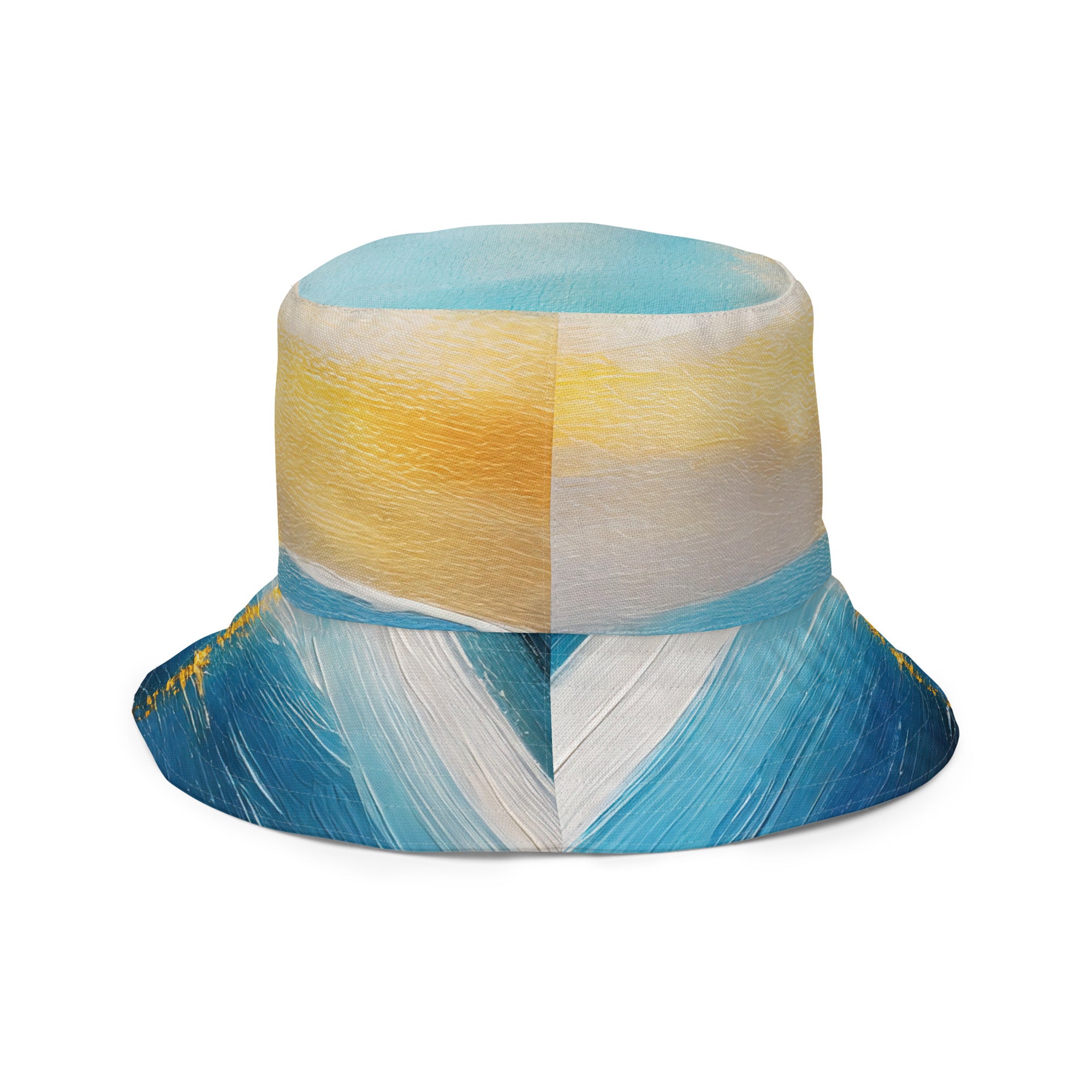 Reversible bucket hat featuring Blue Ocean and Golden Sunset Print, showcasing vibrant colors and stylish design.