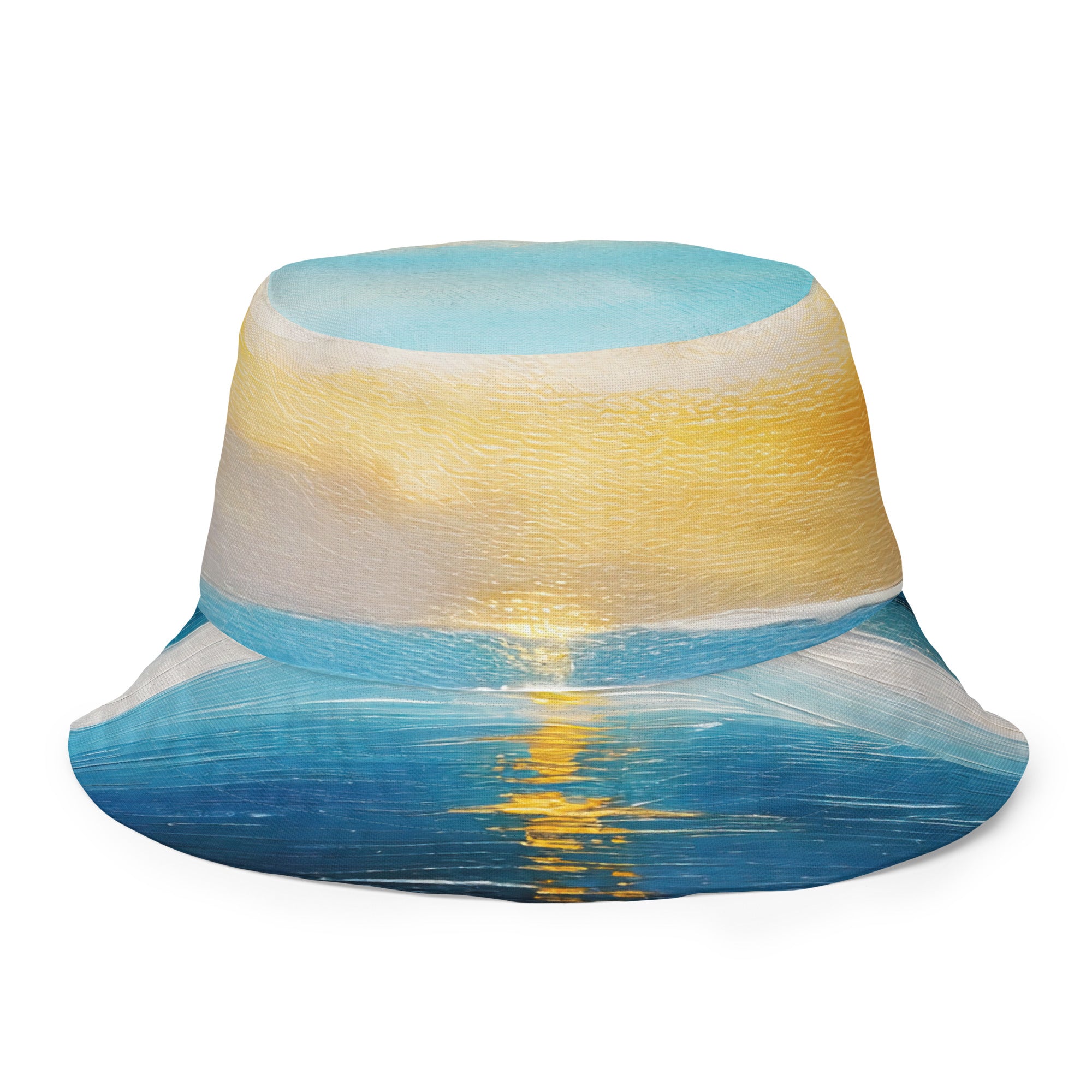 Reversible bucket hat featuring Blue Ocean and Golden Sunset Print, showcasing vibrant colors and stylish design.