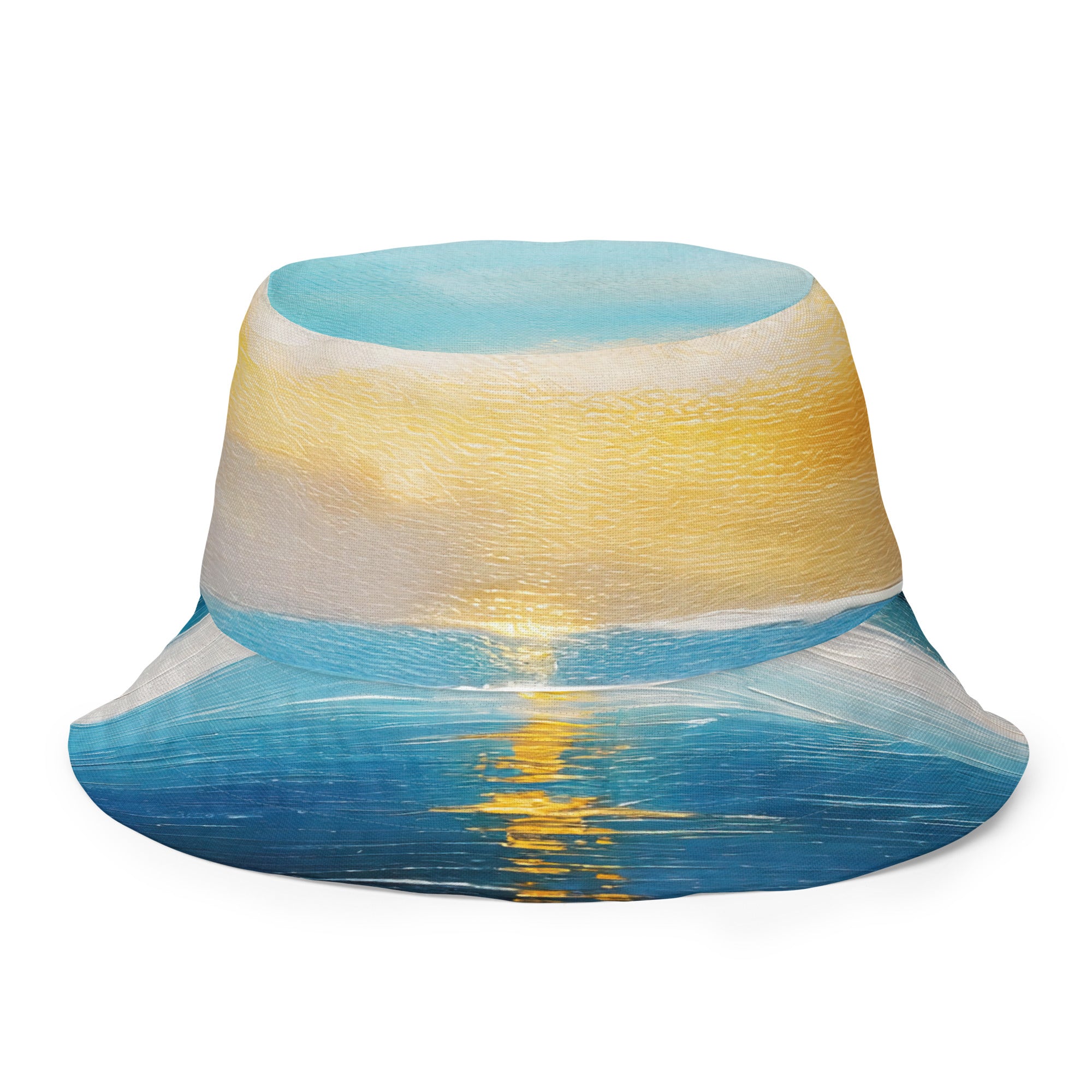 Reversible bucket hat featuring Blue Ocean and Golden Sunset Print, showcasing vibrant colors and stylish design.