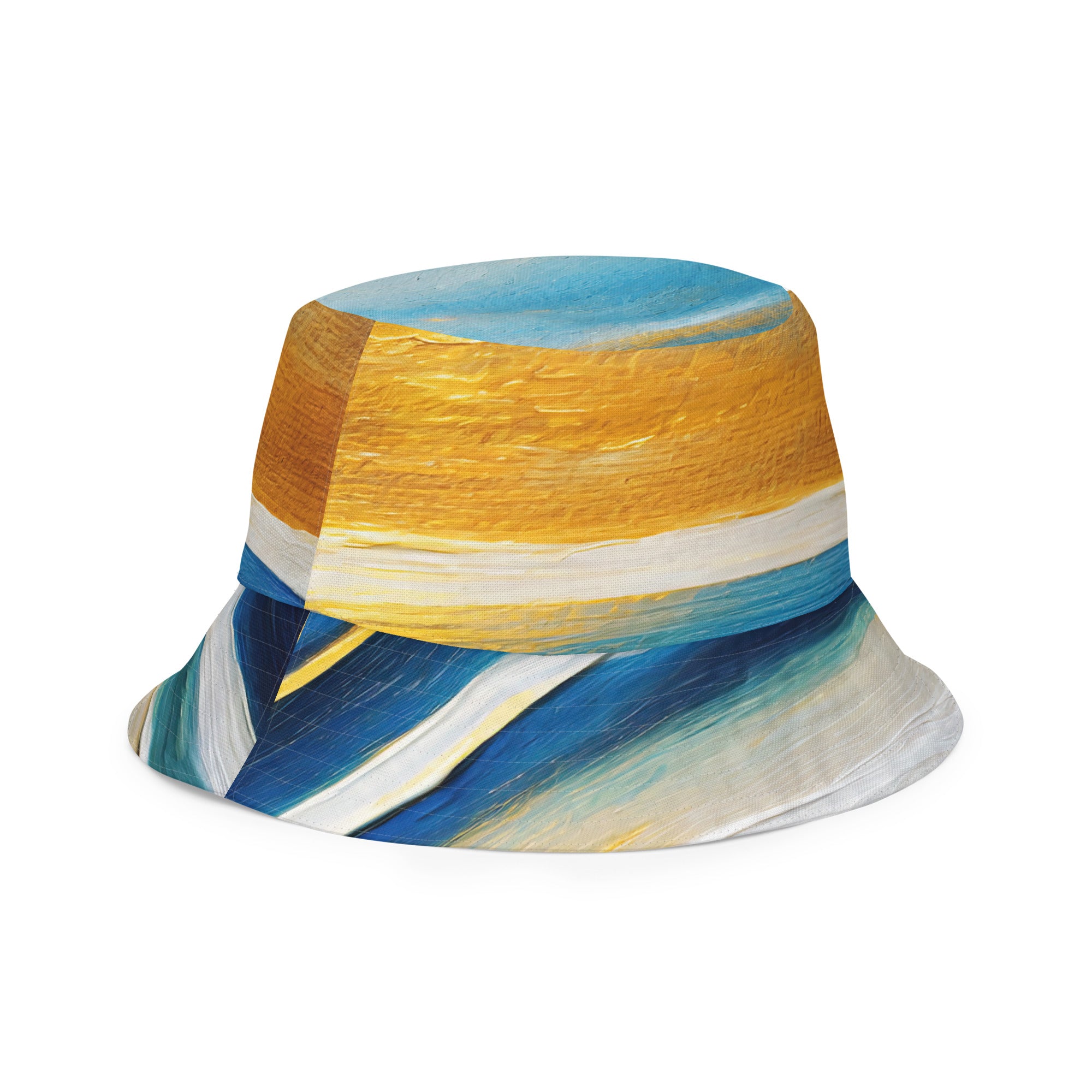 Reversible bucket hat featuring a blue ocean and golden sunset print, showcasing its stylish design and breathable fabric.