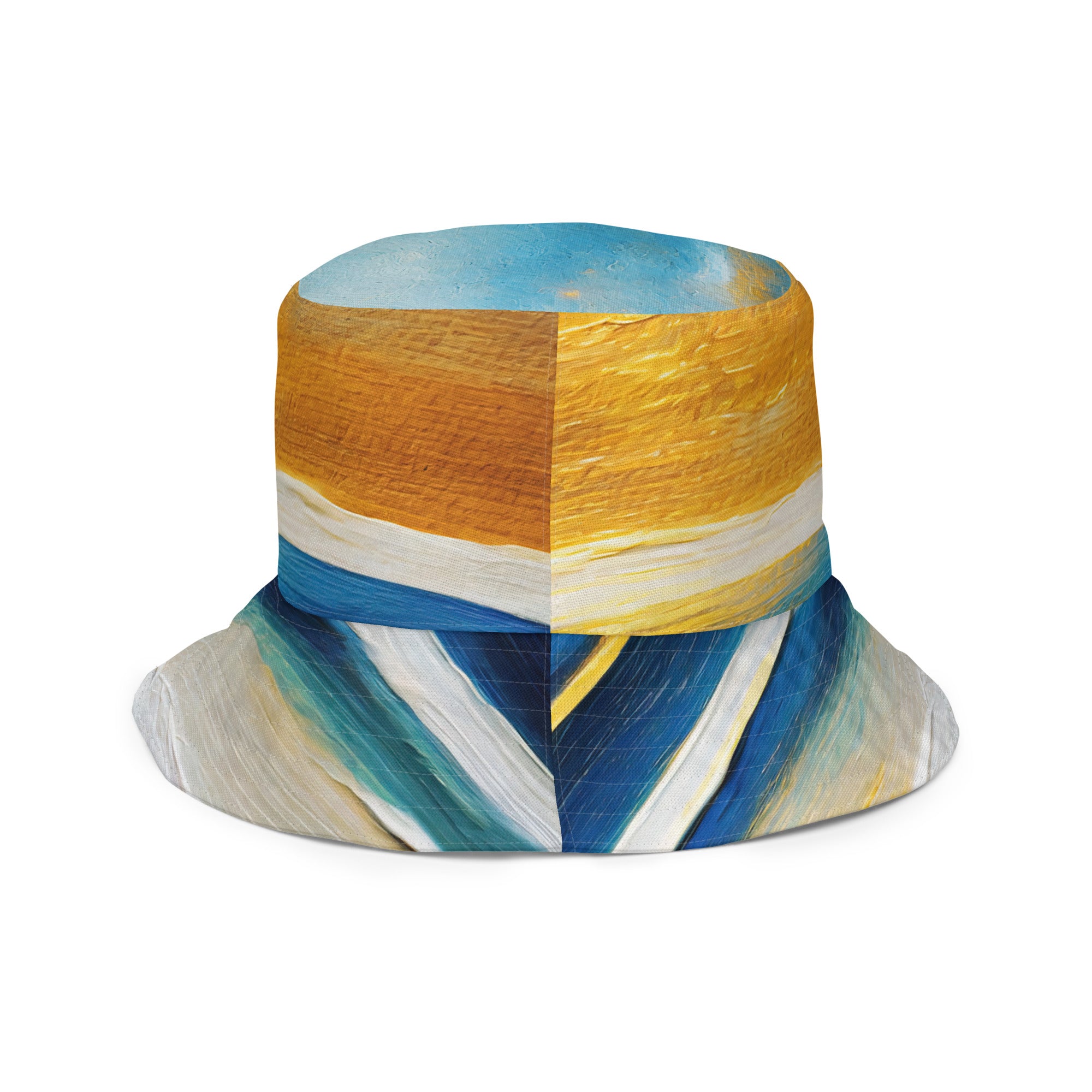 Reversible bucket hat featuring a blue ocean and golden sunset print, showcasing its stylish design and breathable fabric.