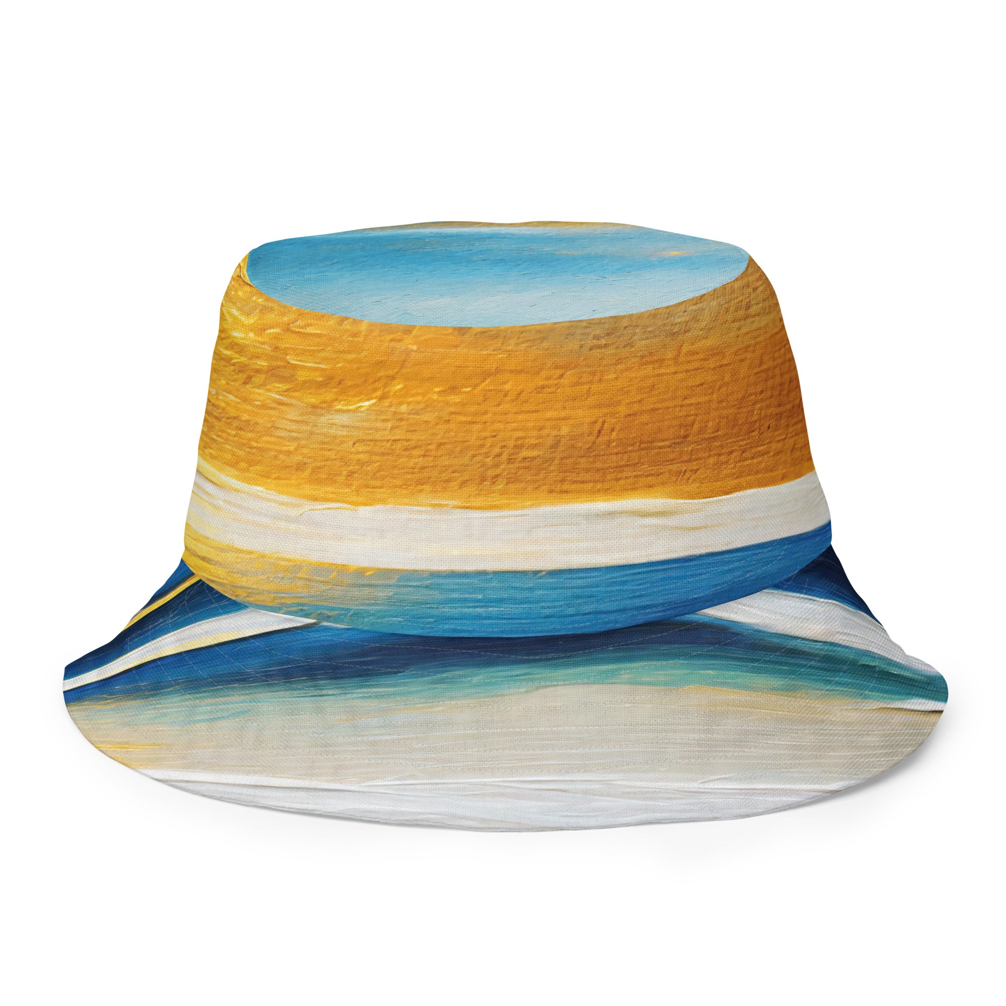 Reversible bucket hat featuring a blue ocean and golden sunset print, showcasing its stylish design and breathable fabric.