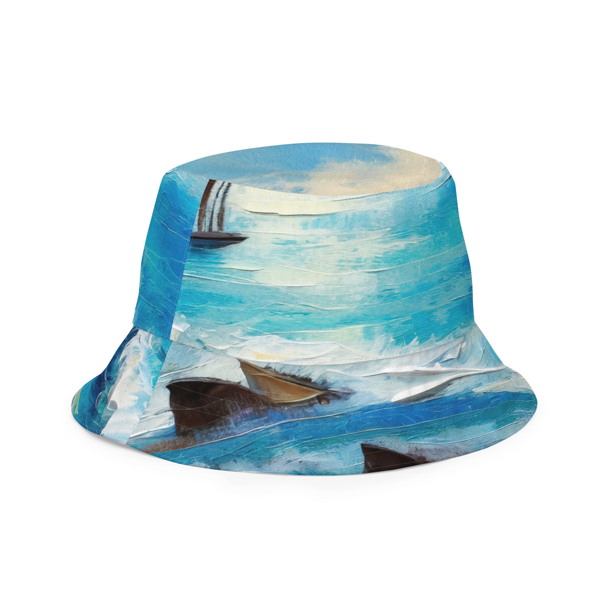 Reversible bucket hat featuring a vibrant blue ocean print, showcasing its stylish design and breathable fabric.