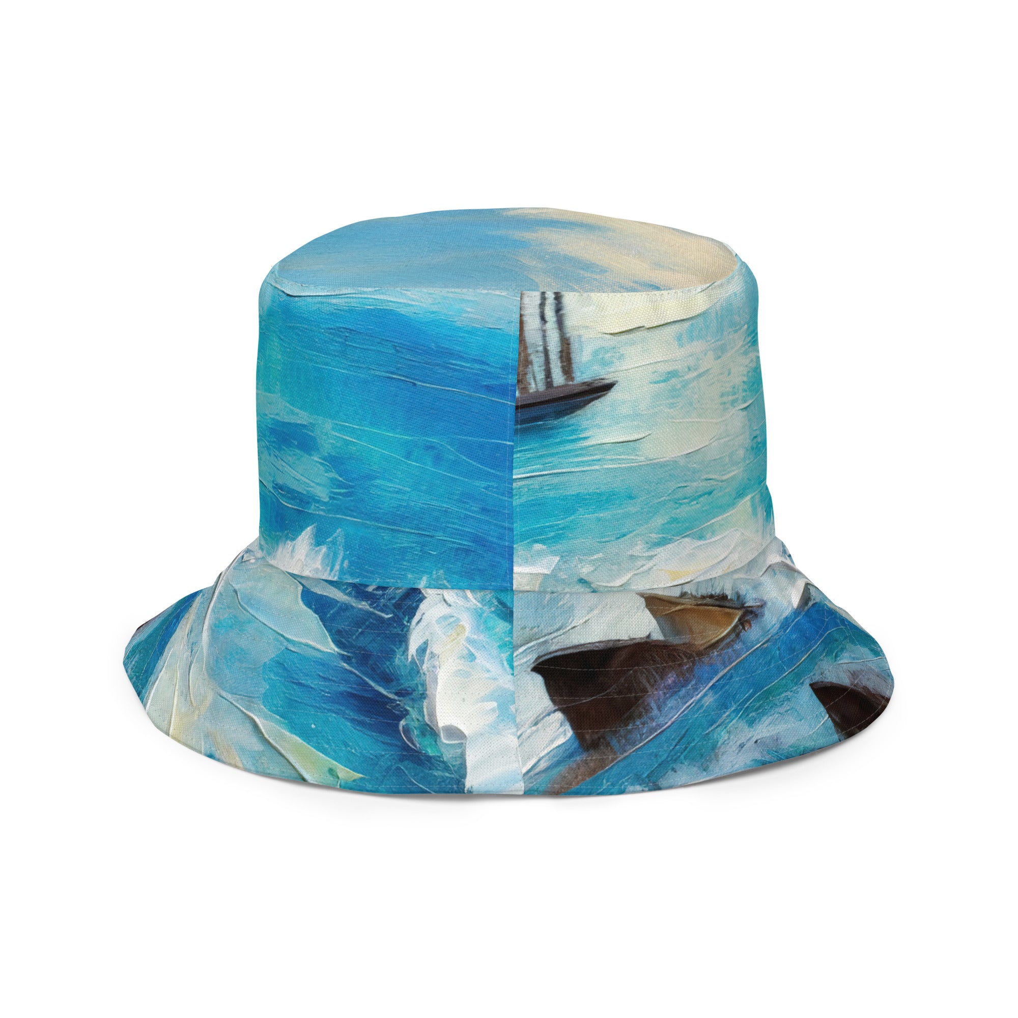 Reversible bucket hat featuring a vibrant blue ocean print, showcasing its stylish design and breathable fabric.