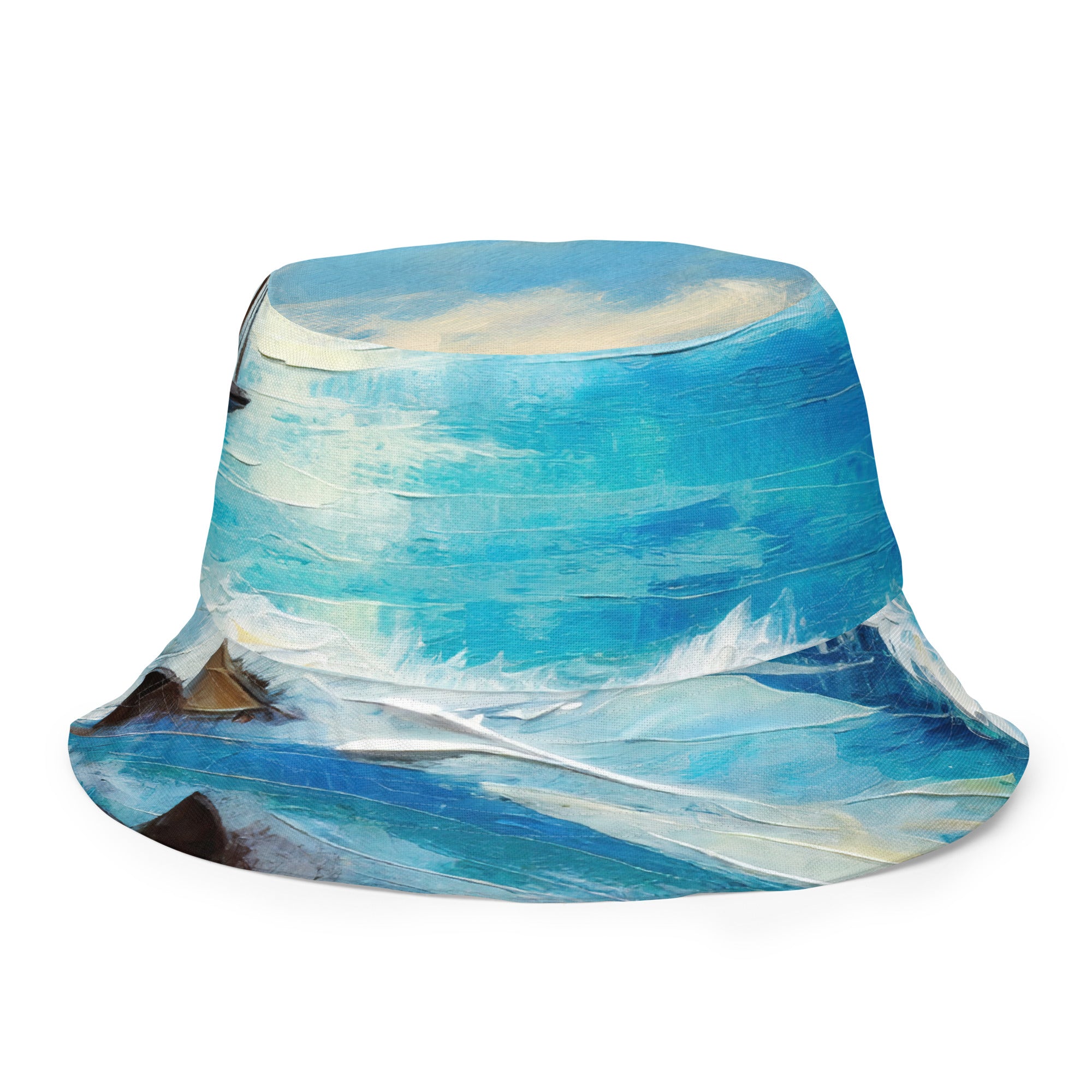 Reversible bucket hat featuring a vibrant blue ocean print, showcasing its stylish design and breathable fabric.