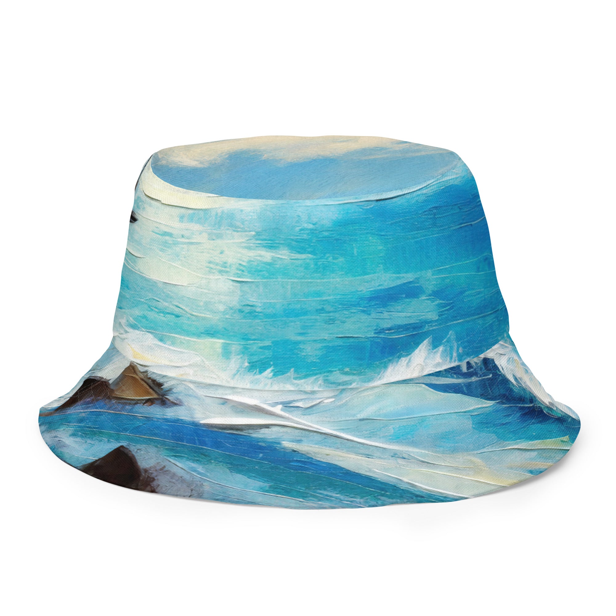 Reversible bucket hat featuring a vibrant blue ocean print, showcasing its stylish design and breathable fabric.