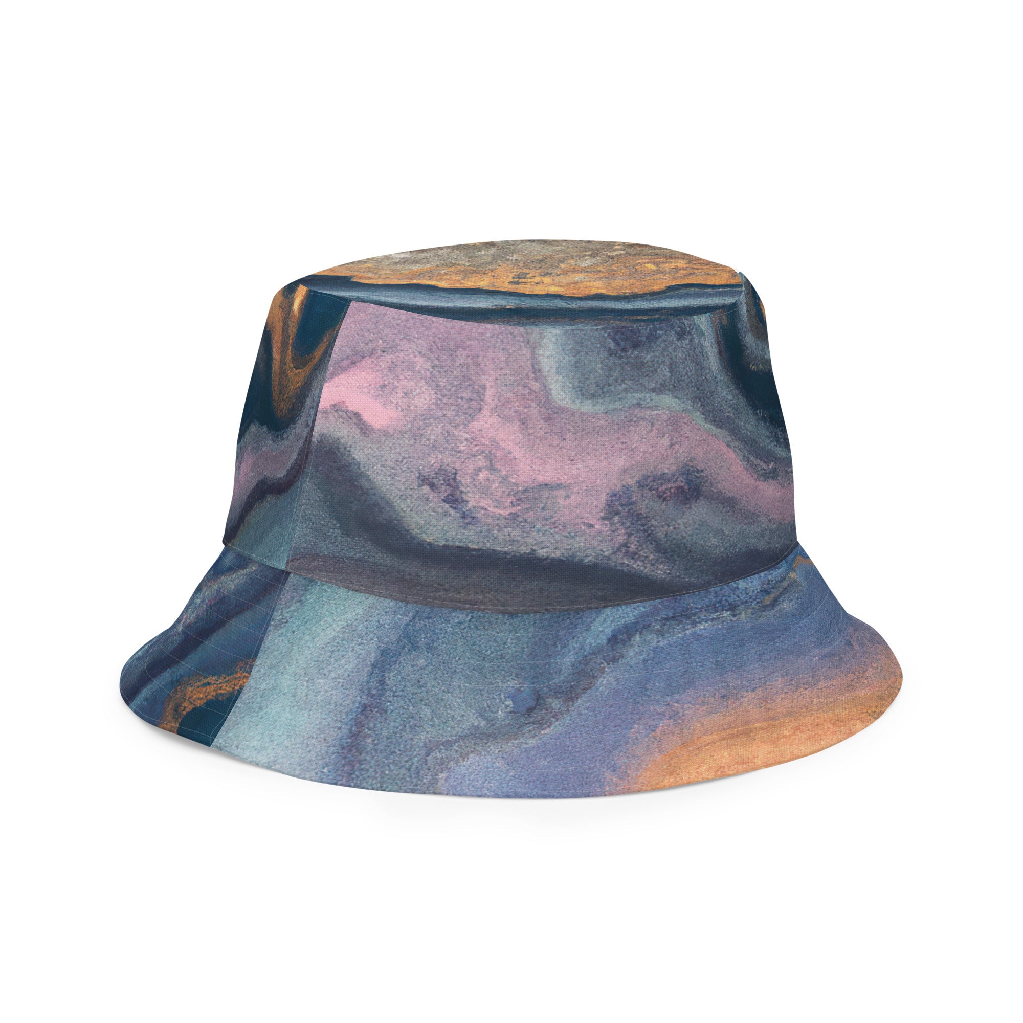 Reversible bucket hat featuring a blue pink marble swirl print, showcasing its vibrant colors and stylish design.