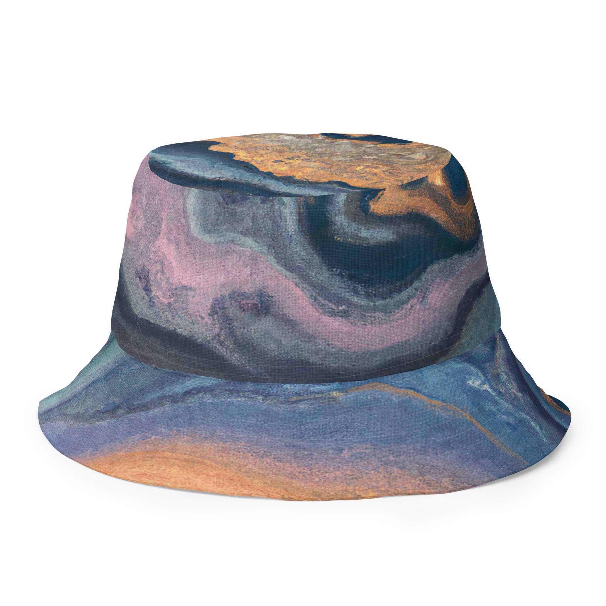 Reversible bucket hat featuring a blue pink marble swirl print, showcasing its vibrant colors and stylish design.