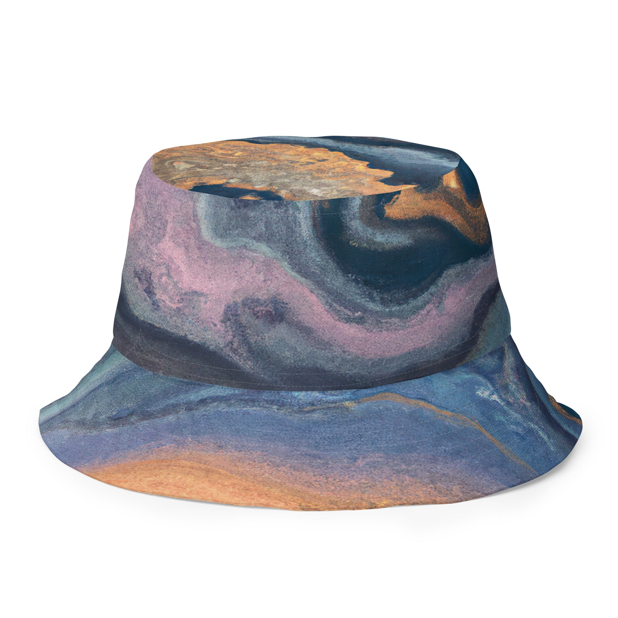 Reversible bucket hat featuring a blue pink marble swirl print, showcasing its vibrant colors and stylish design.