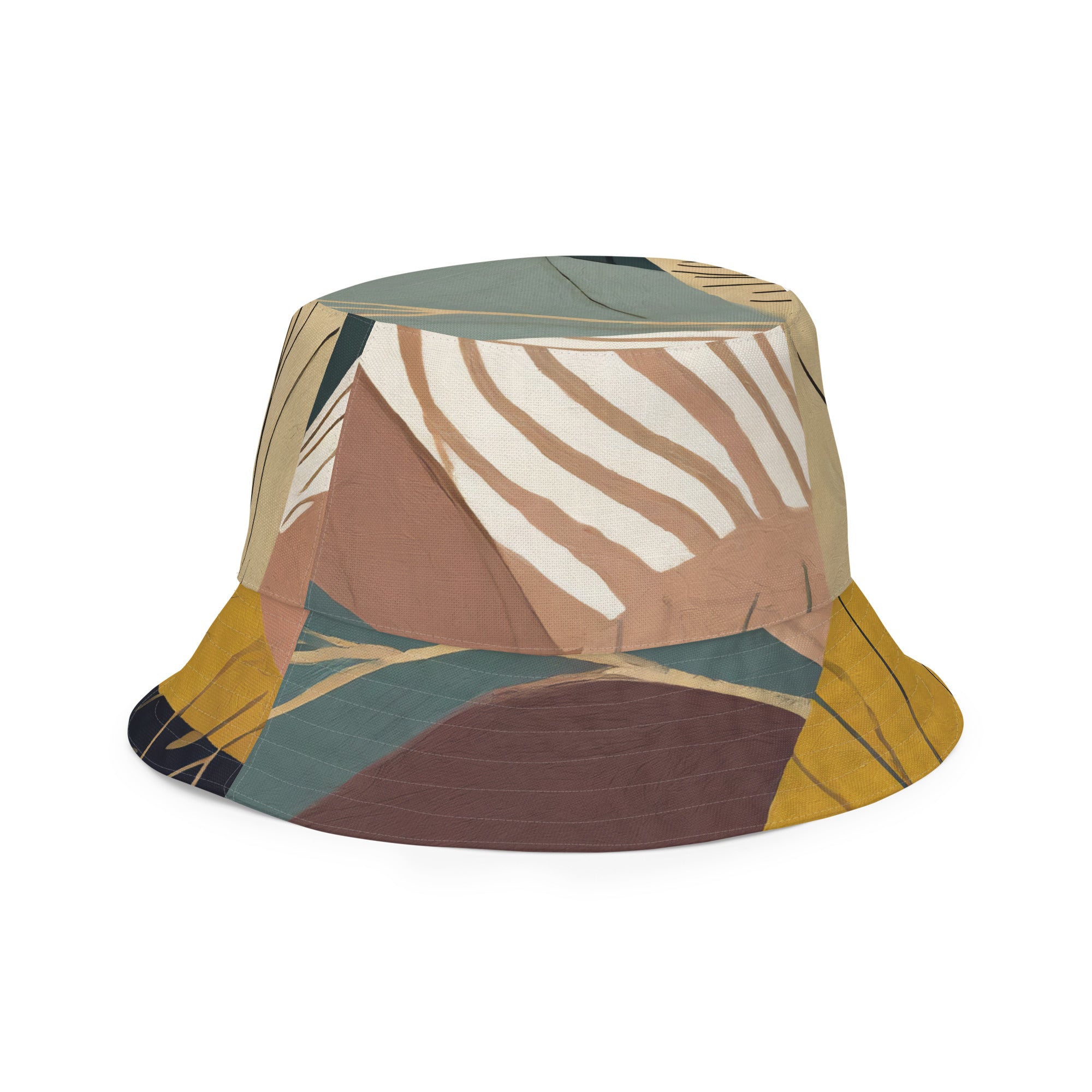 Reversible bucket hat featuring a boho style print, showcasing its dual-sided design and wide brim for sun protection.