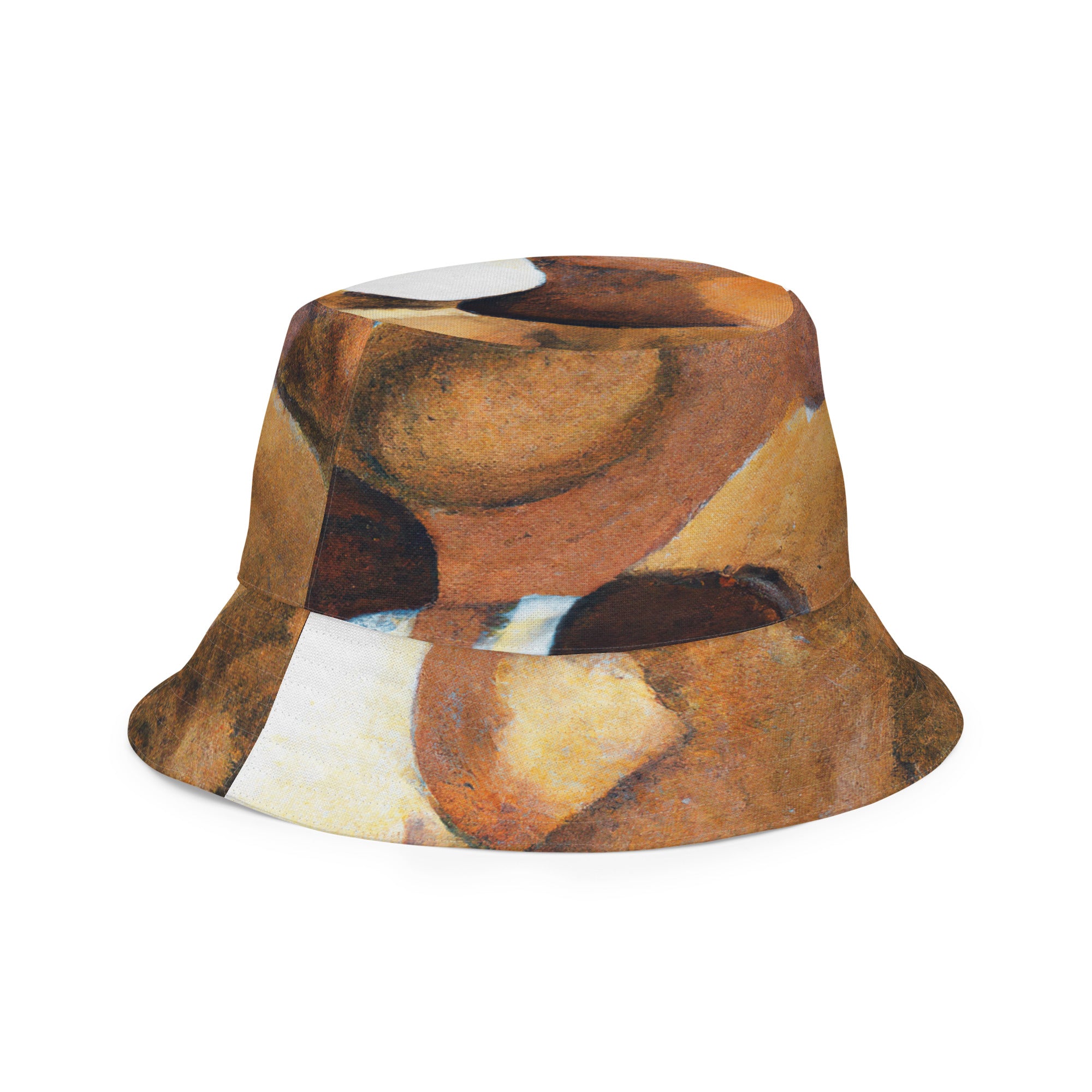 Reversible bucket hat featuring a brown and white stone pattern, showcasing its stylish design and breathable fabric.