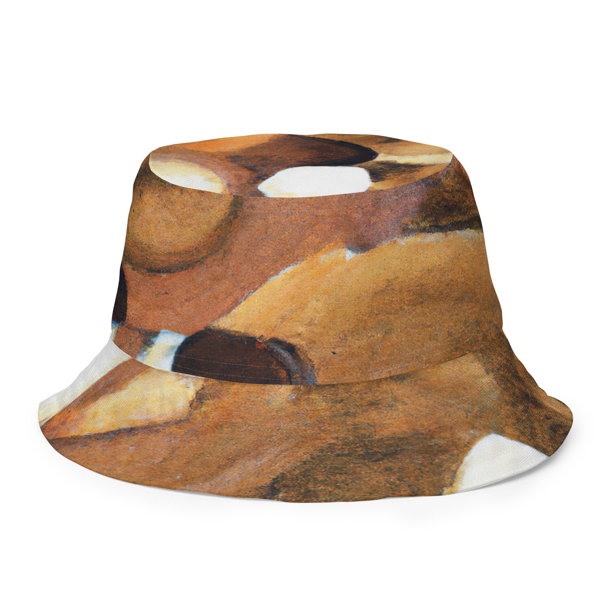 Reversible bucket hat featuring a brown and white stone pattern, showcasing its stylish design and breathable fabric.