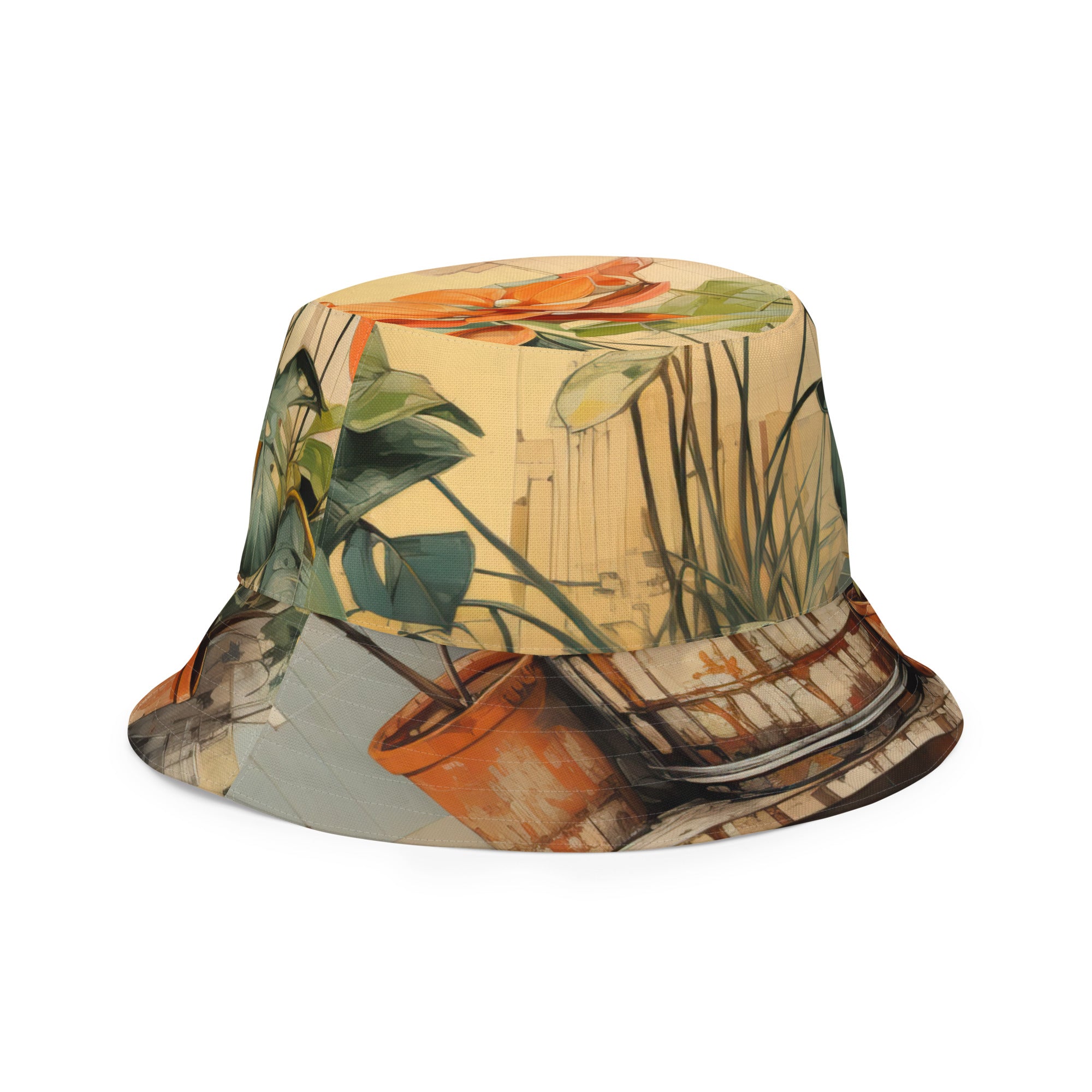 Reversible bucket hat featuring an earthy rustic potted plants print, showcasing its stylish design and breathable fabric.