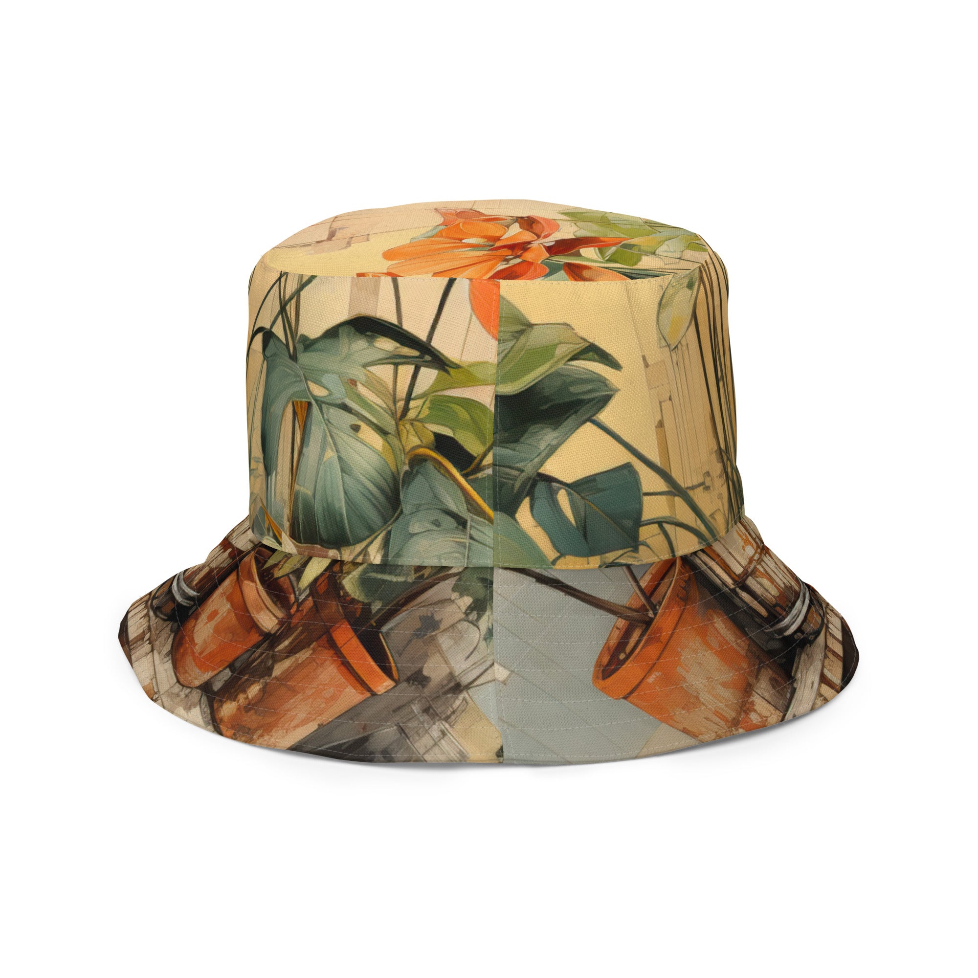 Reversible bucket hat featuring an earthy rustic potted plants print, showcasing its stylish design and breathable fabric.