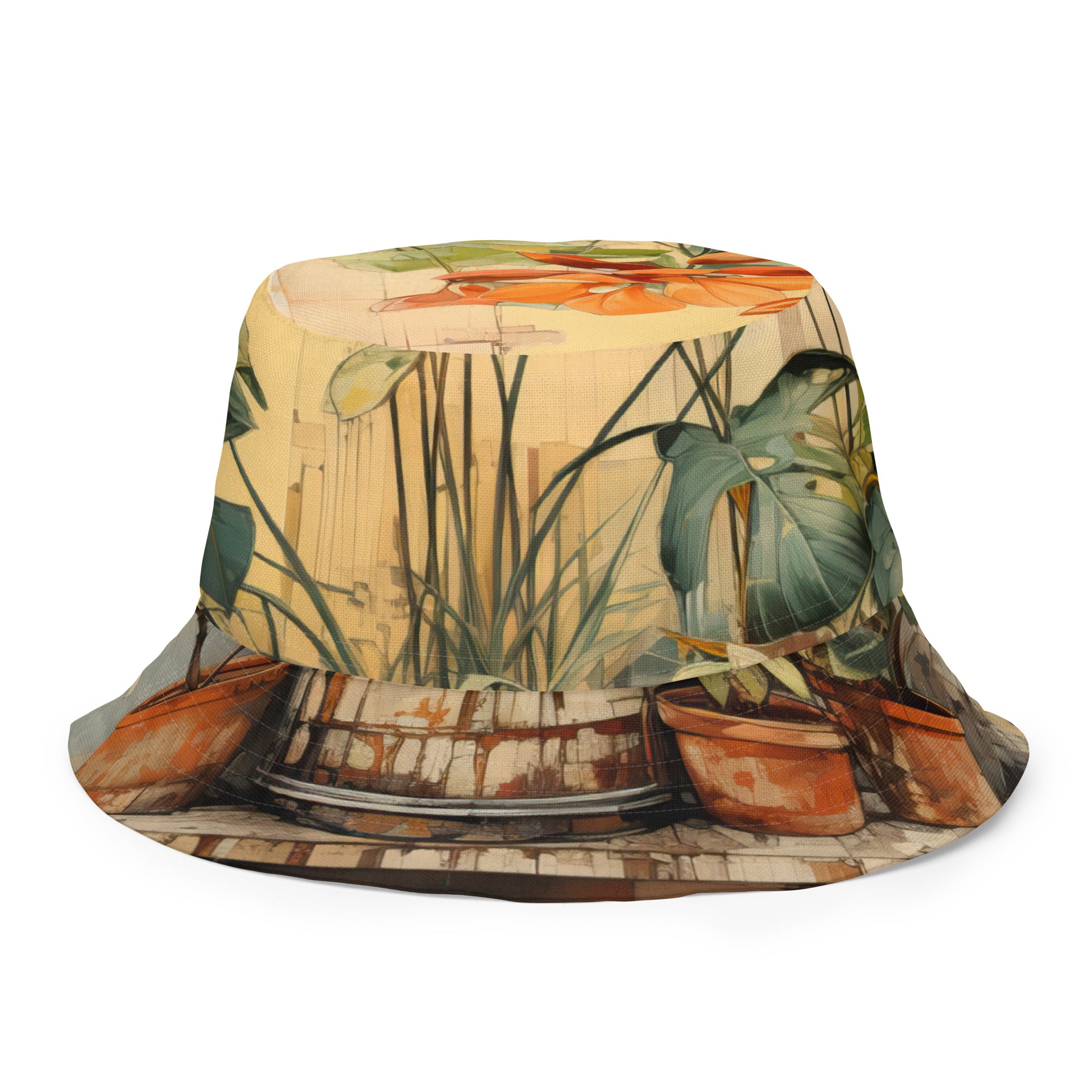 Reversible bucket hat featuring an earthy rustic potted plants print, showcasing its stylish design and breathable fabric.