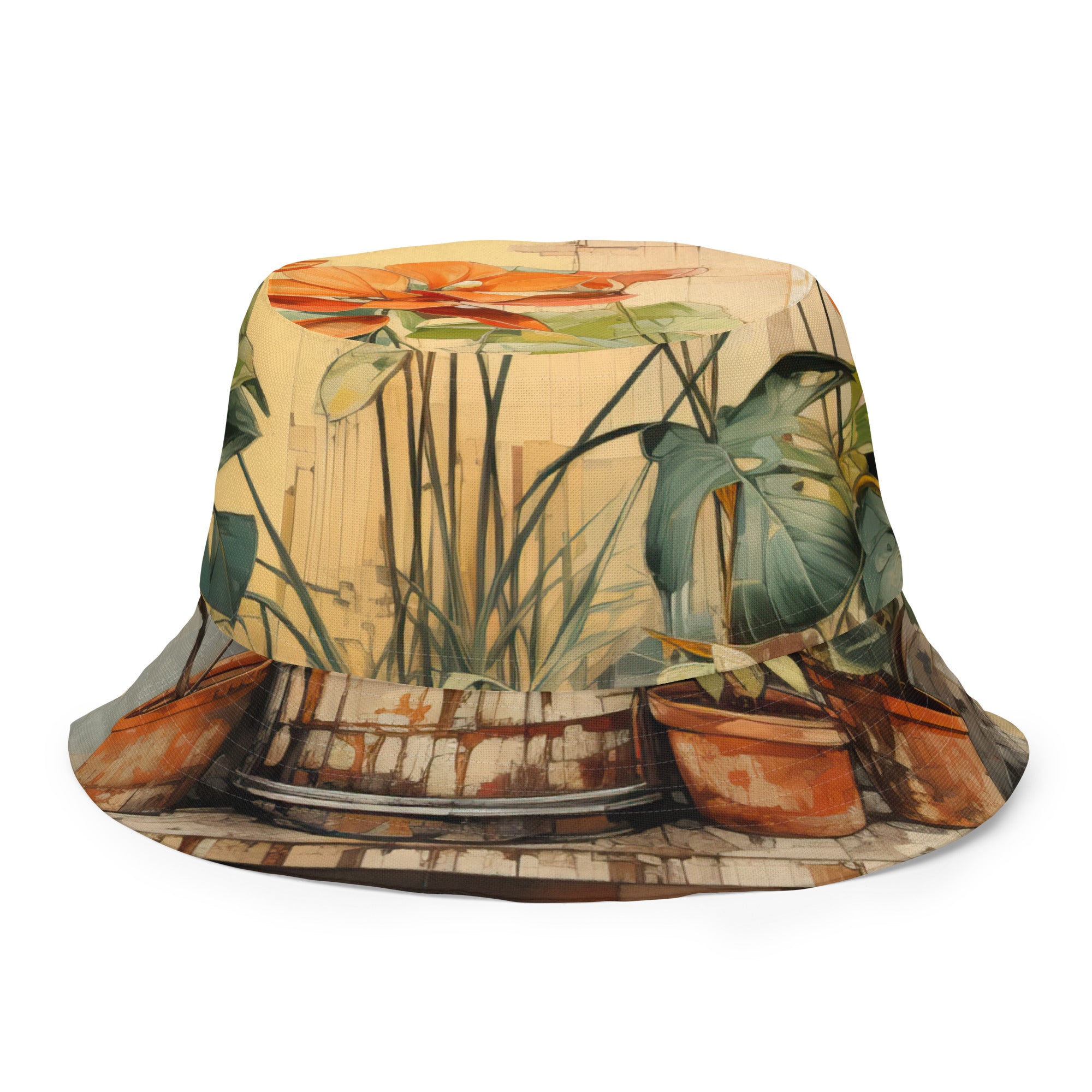 Reversible bucket hat featuring an earthy rustic potted plants print, showcasing its stylish design and breathable fabric.