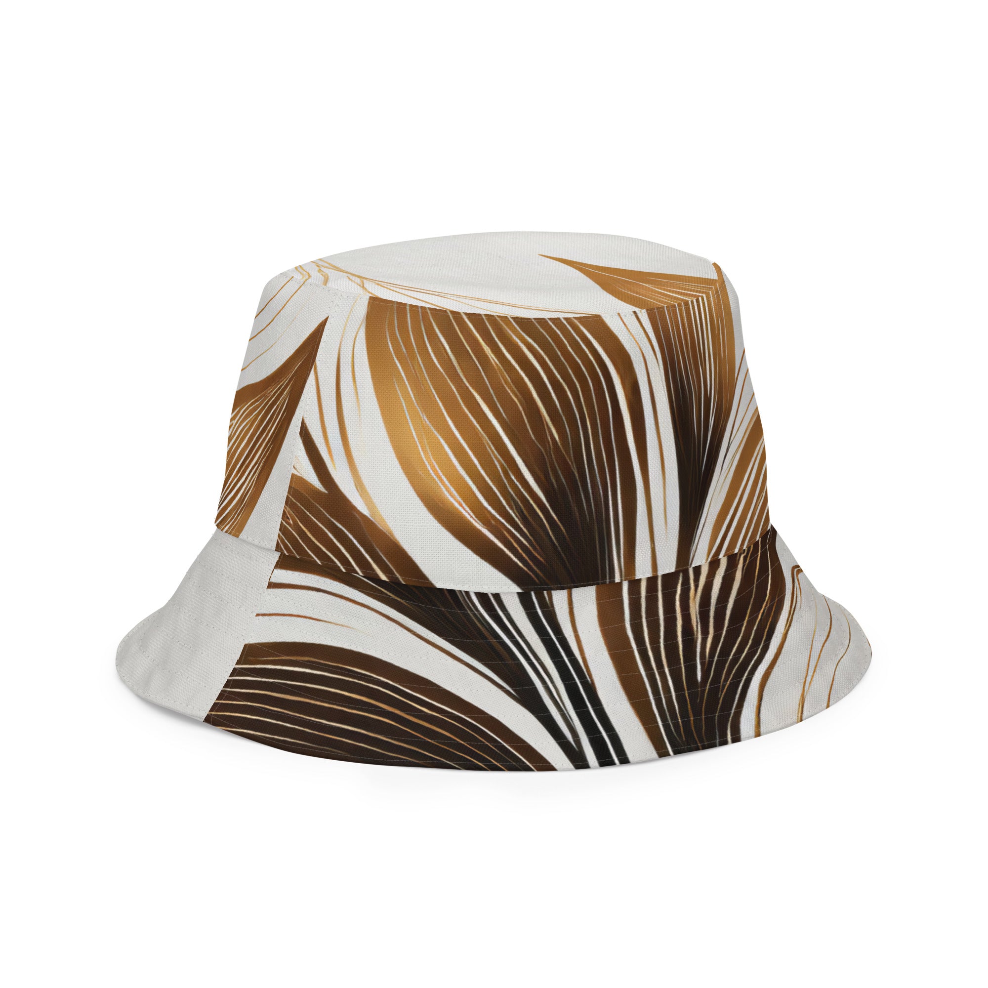 Reversible bucket hat featuring floral brown line art print, showcasing its stylish design and premium fabric.