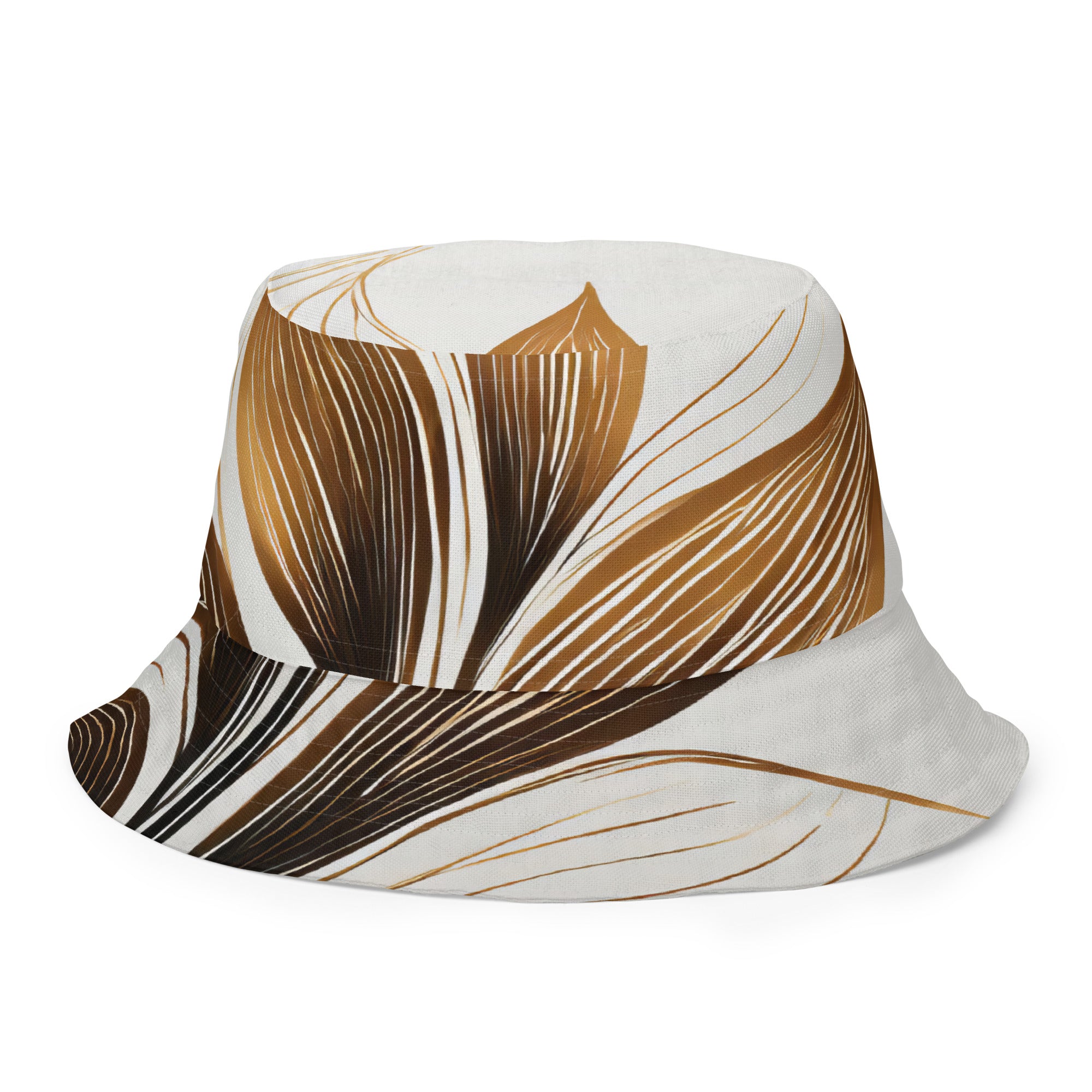 Reversible bucket hat featuring floral brown line art print, showcasing its stylish design and premium fabric.