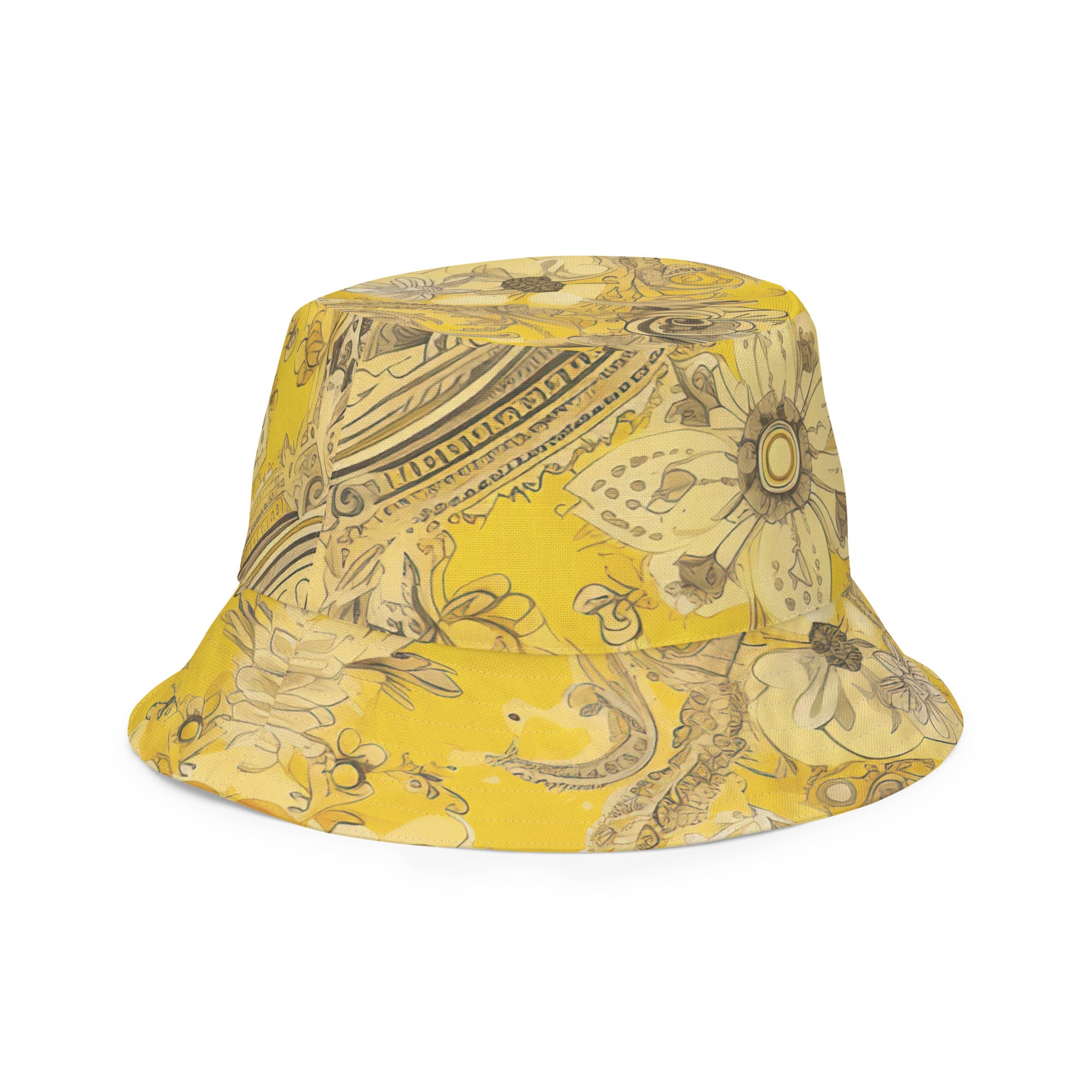 Reversible bucket hat featuring a vibrant yellow floral bandanna print, showcasing its stylish design and premium fabric.