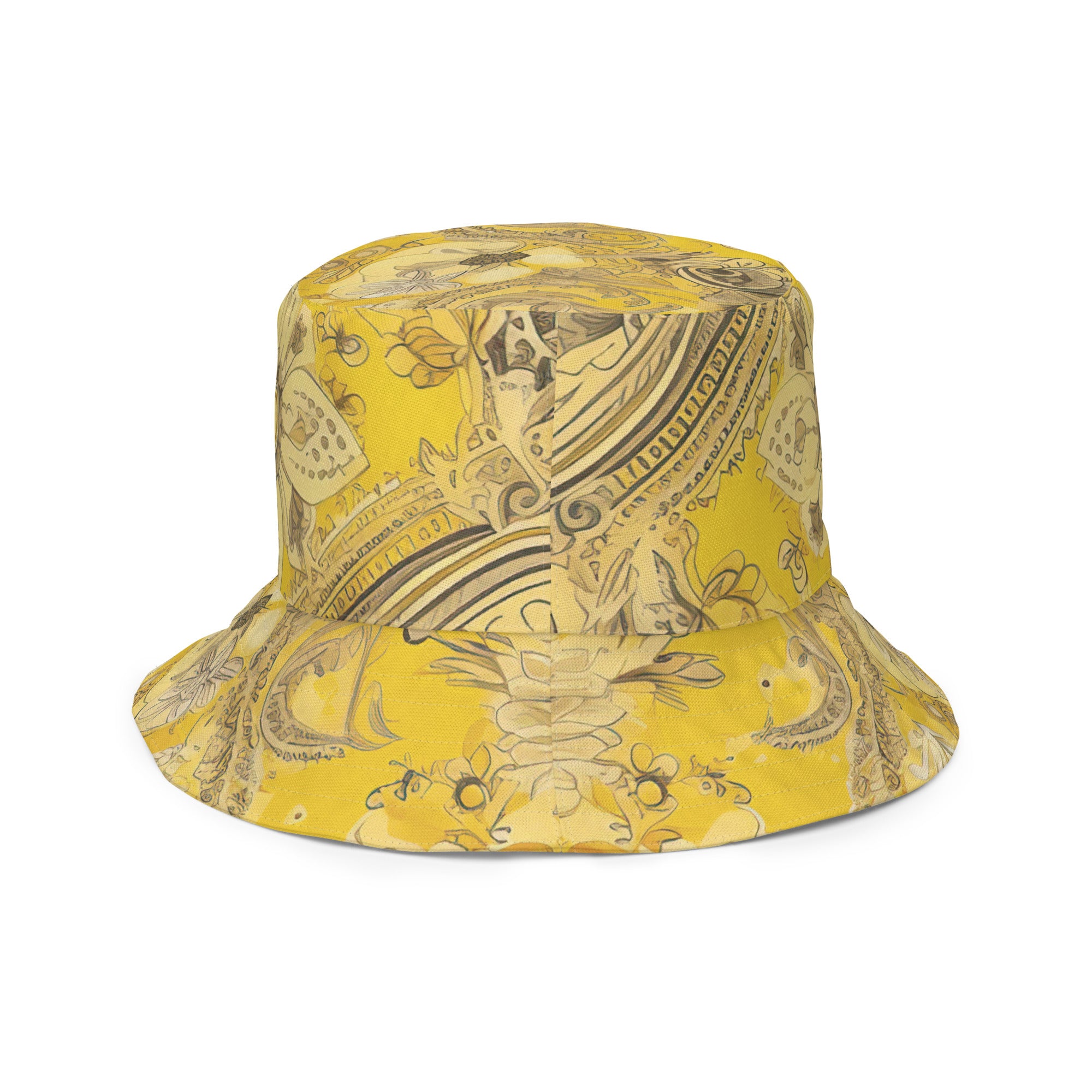 Reversible bucket hat featuring a vibrant yellow floral bandanna print, showcasing its stylish design and premium fabric.