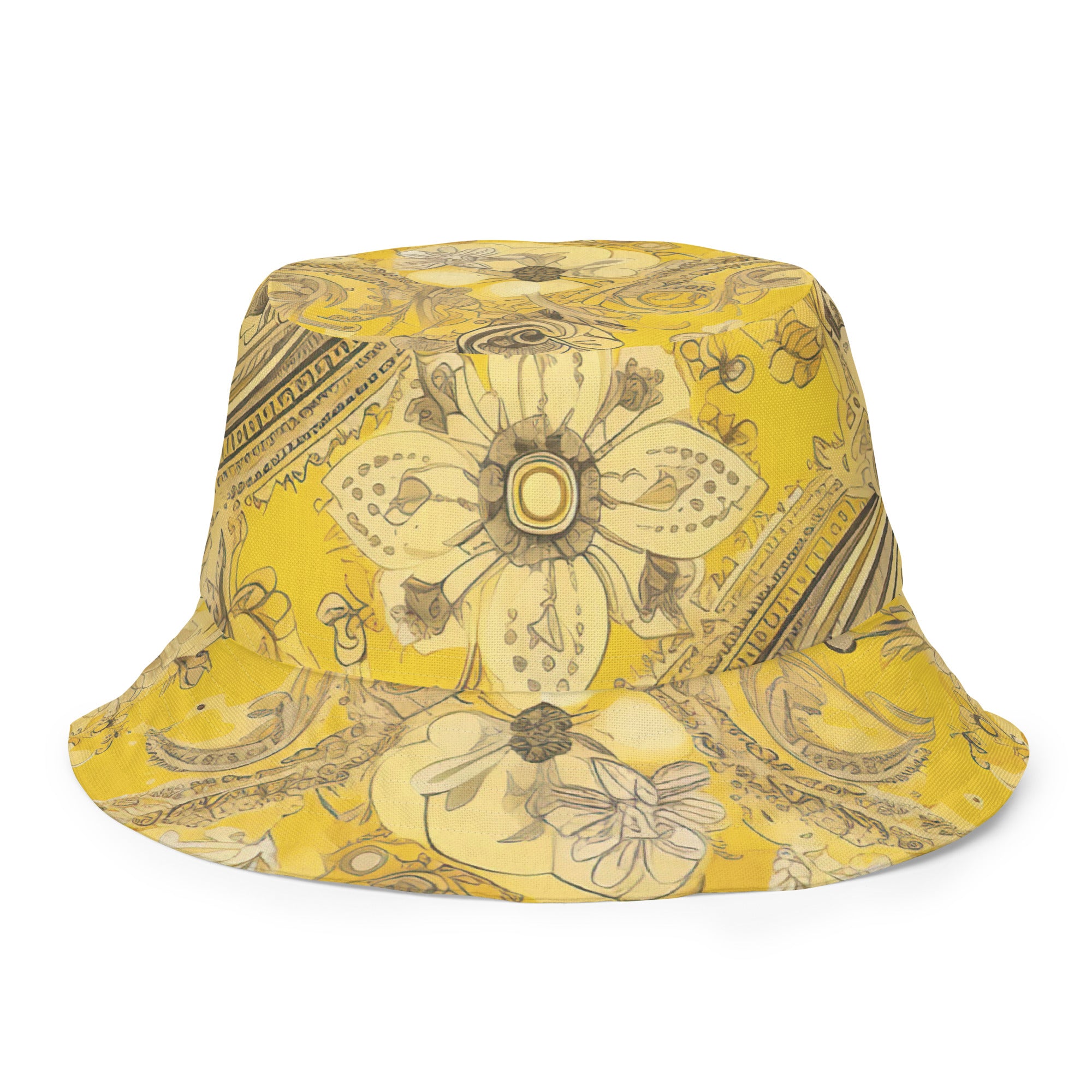 Reversible bucket hat featuring a vibrant yellow floral bandanna print, showcasing its stylish design and premium fabric.