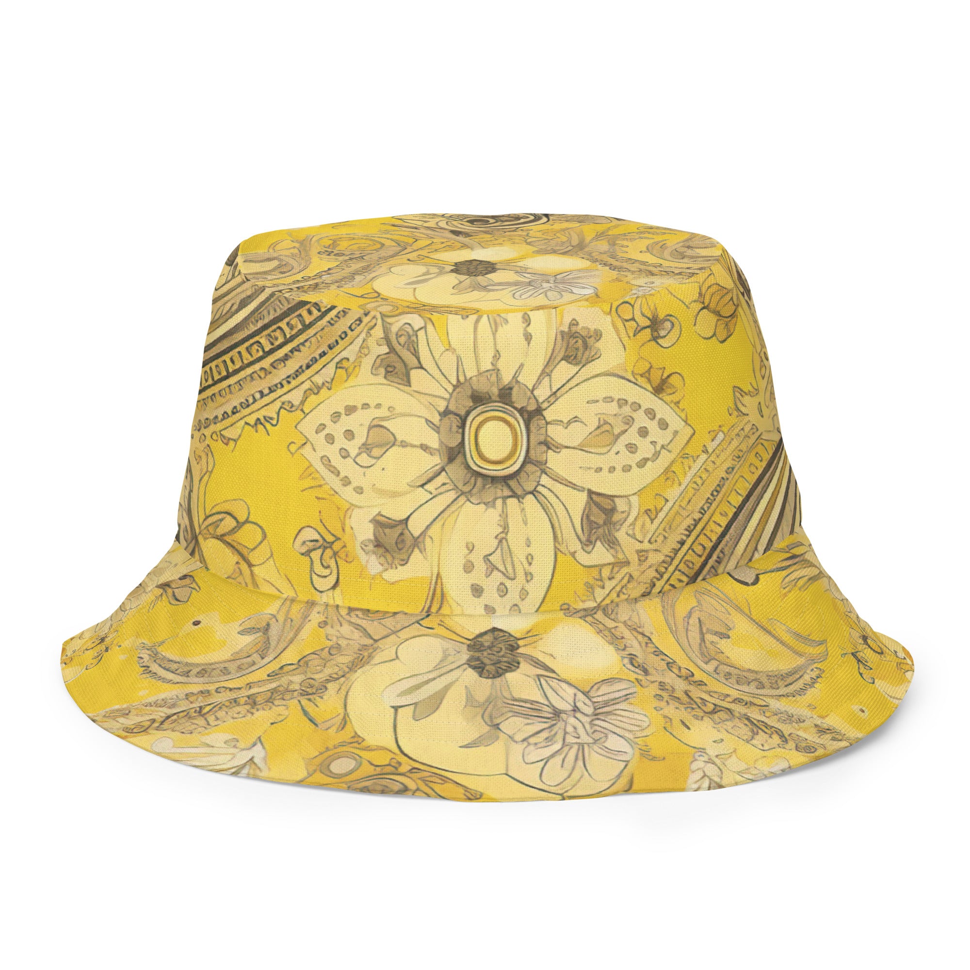 Reversible bucket hat featuring a vibrant yellow floral bandanna print, showcasing its stylish design and premium fabric.