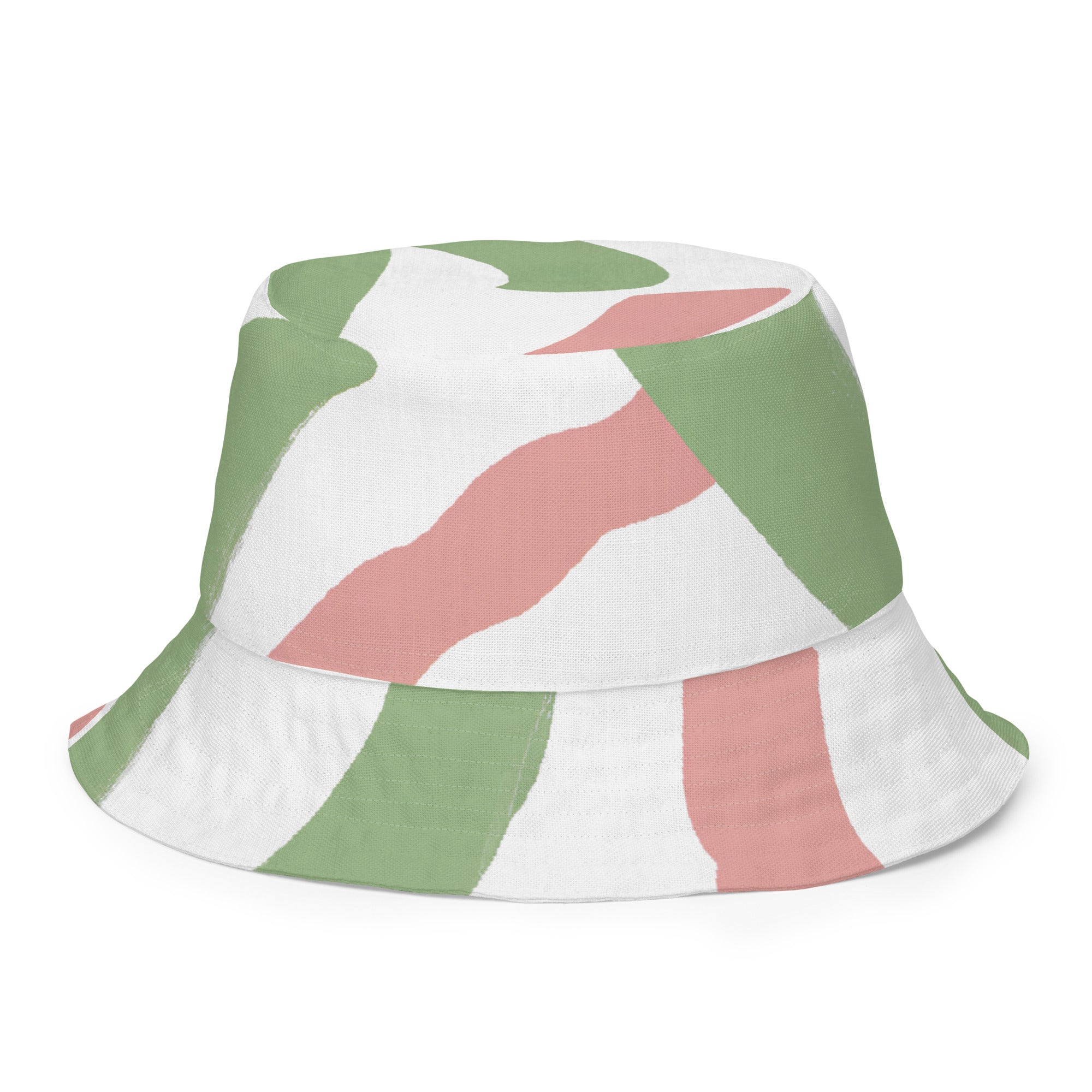 Reversible bucket hat featuring a green mauve abstract brush stroke pattern, showcasing its stylish design and breathable fabric.