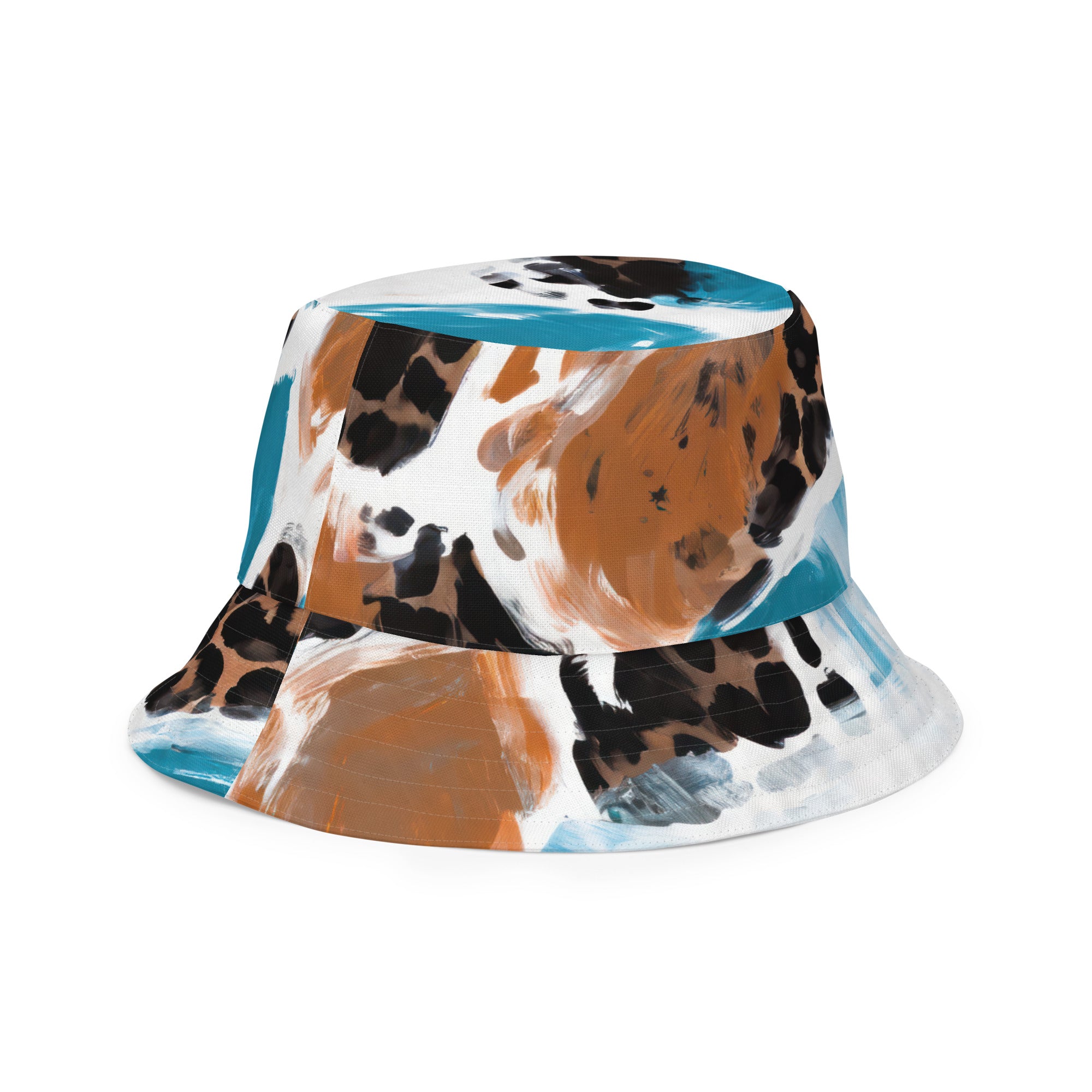 Reversible bucket hat featuring a light blue and brown spotted pattern, showcasing both sides of the design.