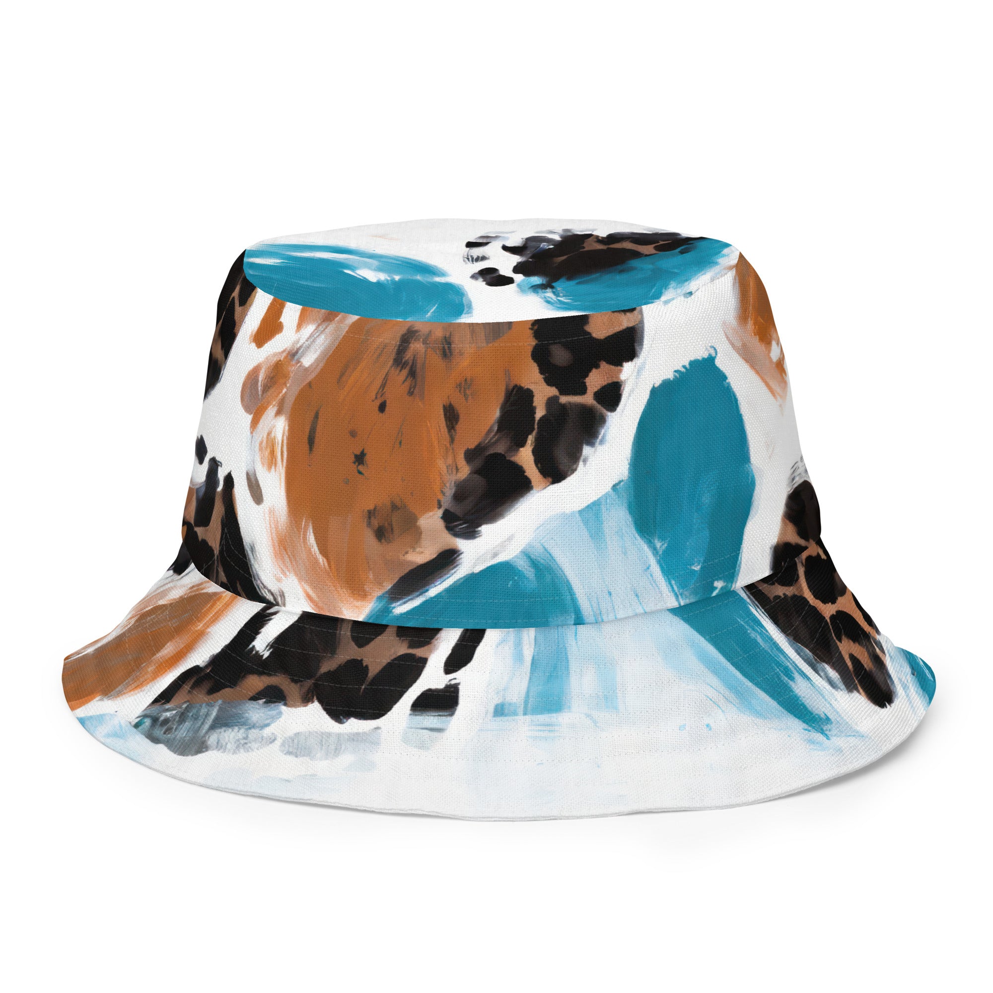 Reversible bucket hat featuring a light blue and brown spotted pattern, showcasing both sides of the design.