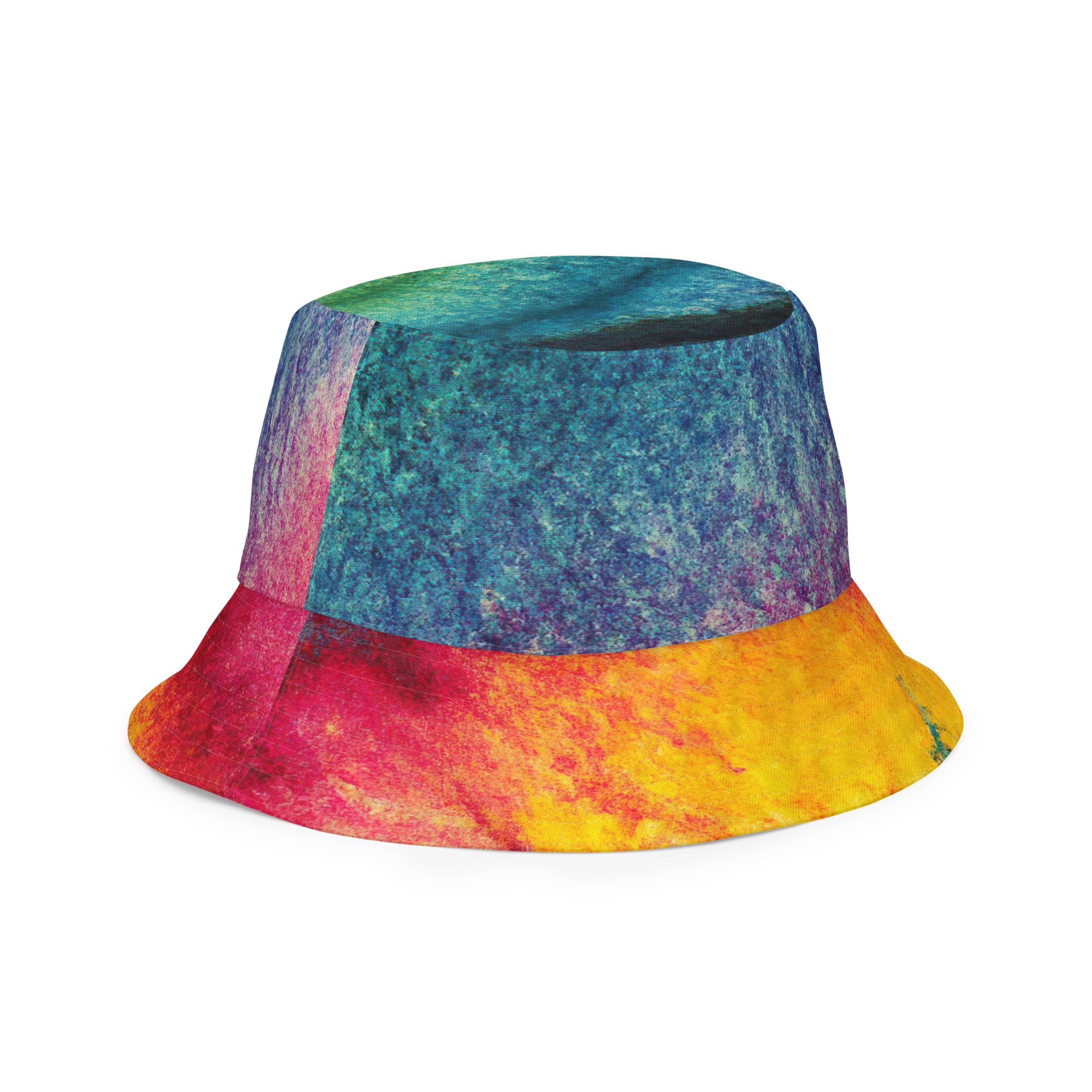 Reversible bucket hat featuring a vibrant multicolor abstract watercolor pattern, showcasing its stylish design and premium fabric.