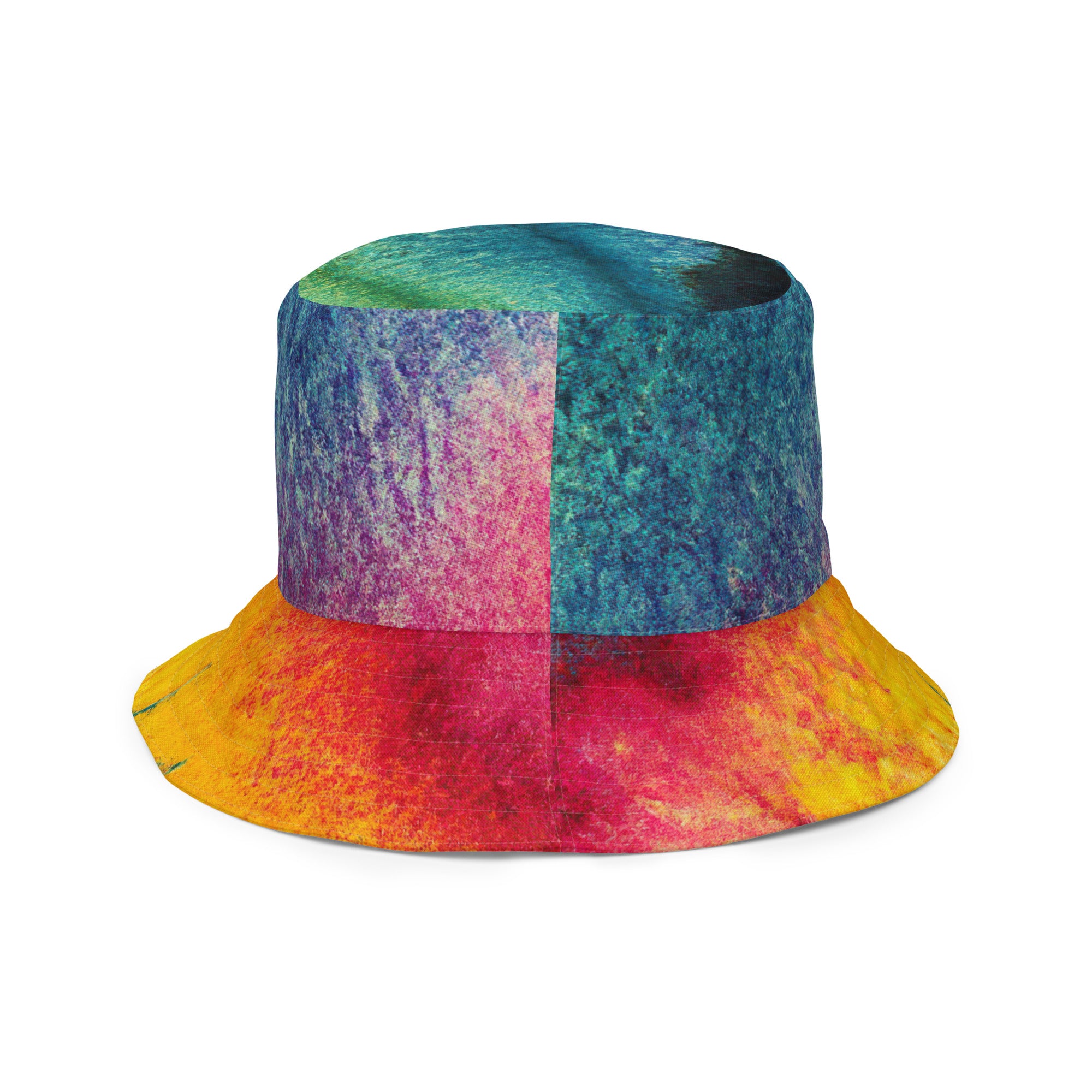 Reversible bucket hat featuring a vibrant multicolor abstract watercolor pattern, showcasing its stylish design and premium fabric.