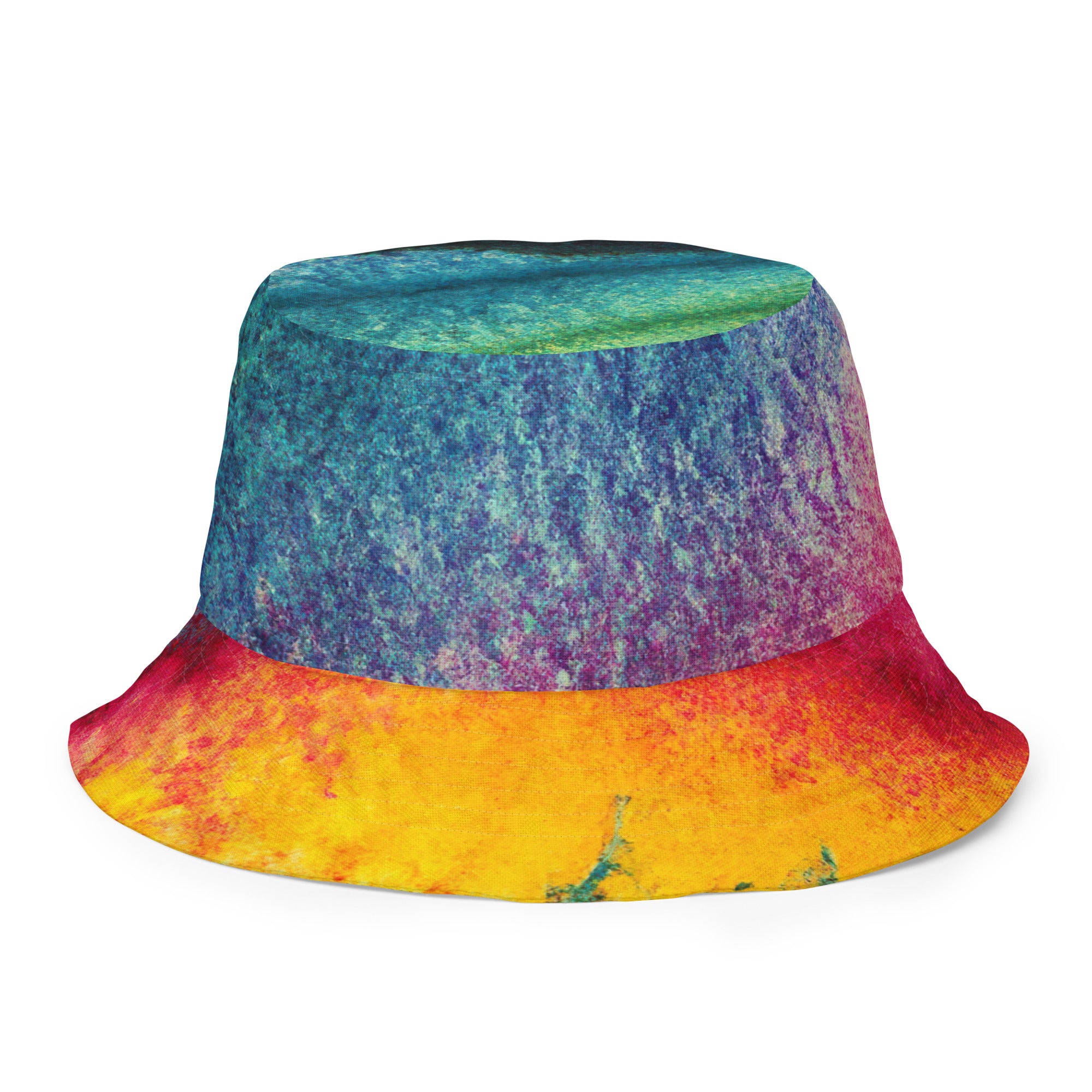 Reversible bucket hat featuring a vibrant multicolor abstract watercolor pattern, showcasing its stylish design and premium fabric.