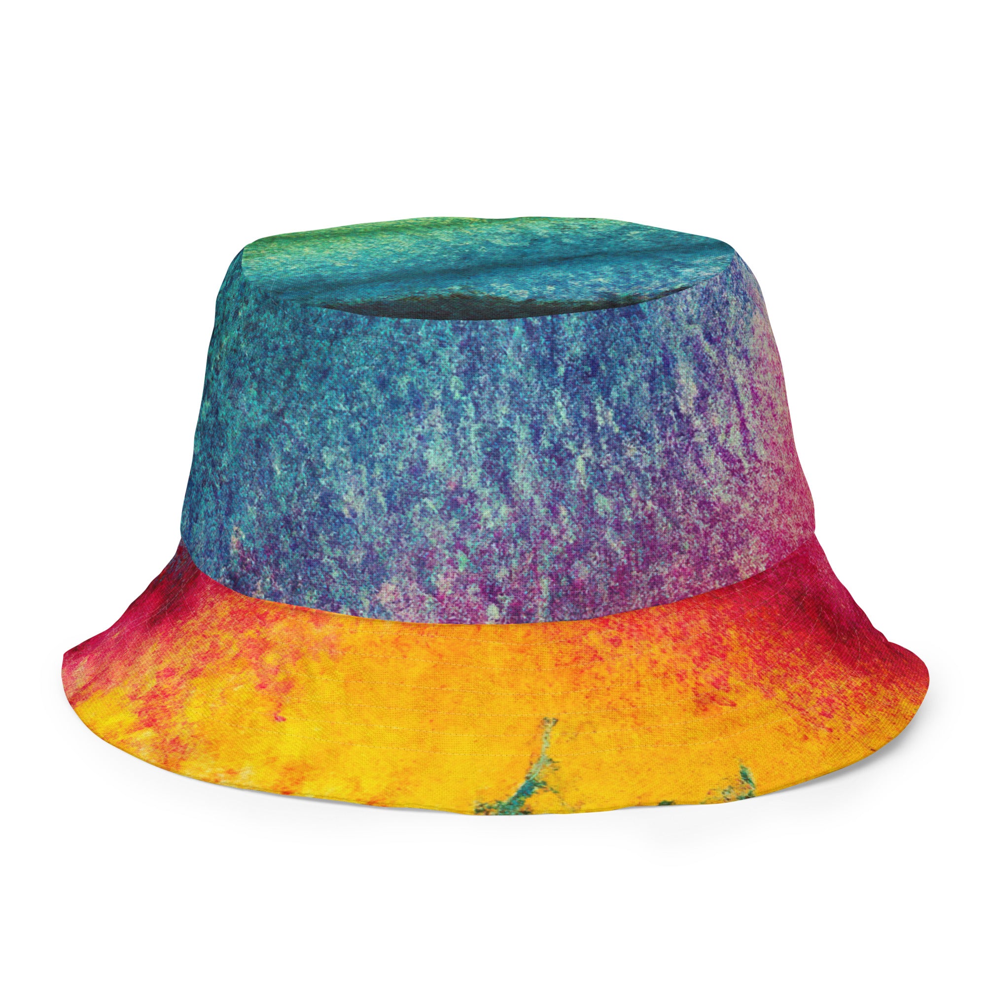 Reversible bucket hat featuring a vibrant multicolor abstract watercolor pattern, showcasing its stylish design and premium fabric.