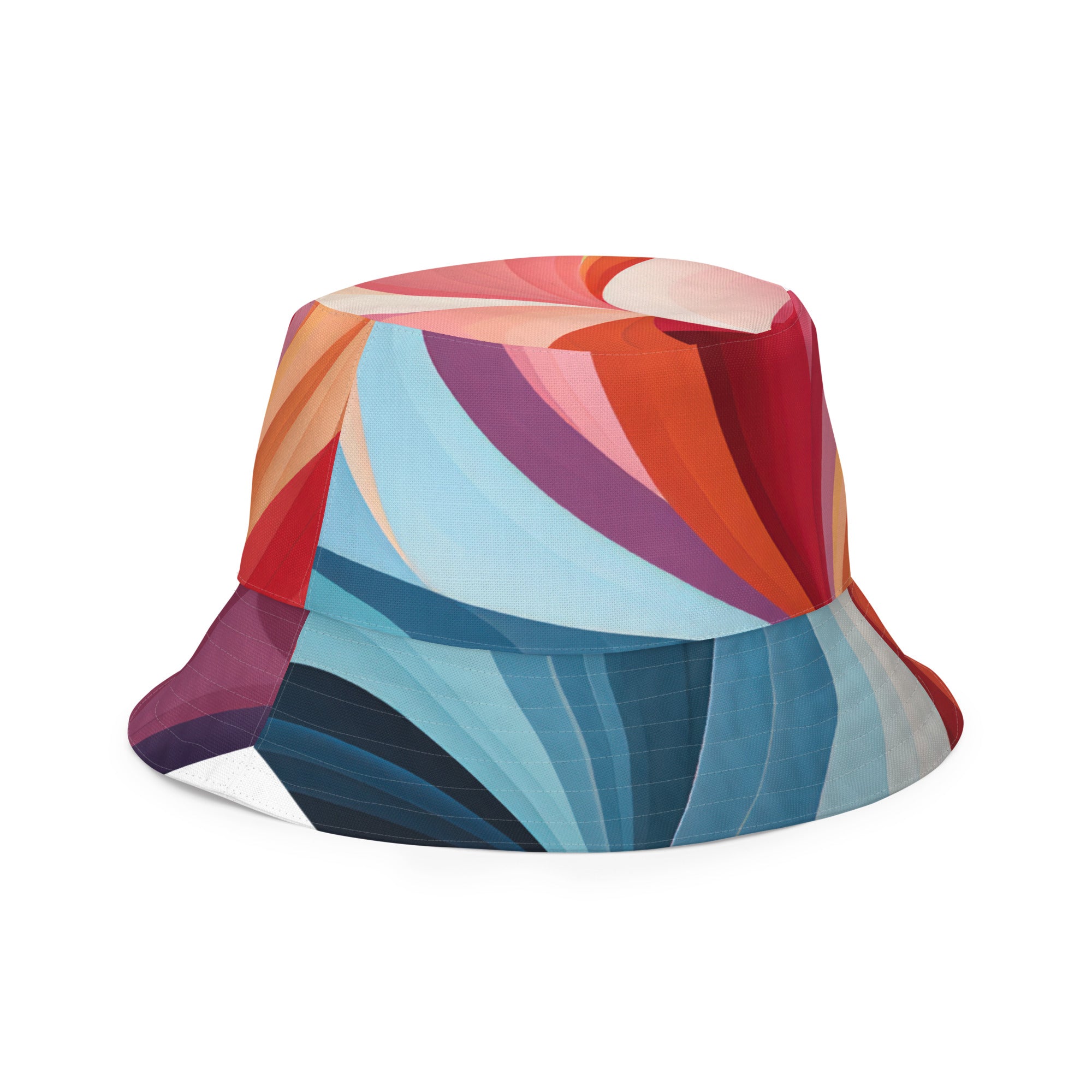 Reversible bucket hat featuring a multicolor heart illustration, showcasing vibrant colors and a stylish design.