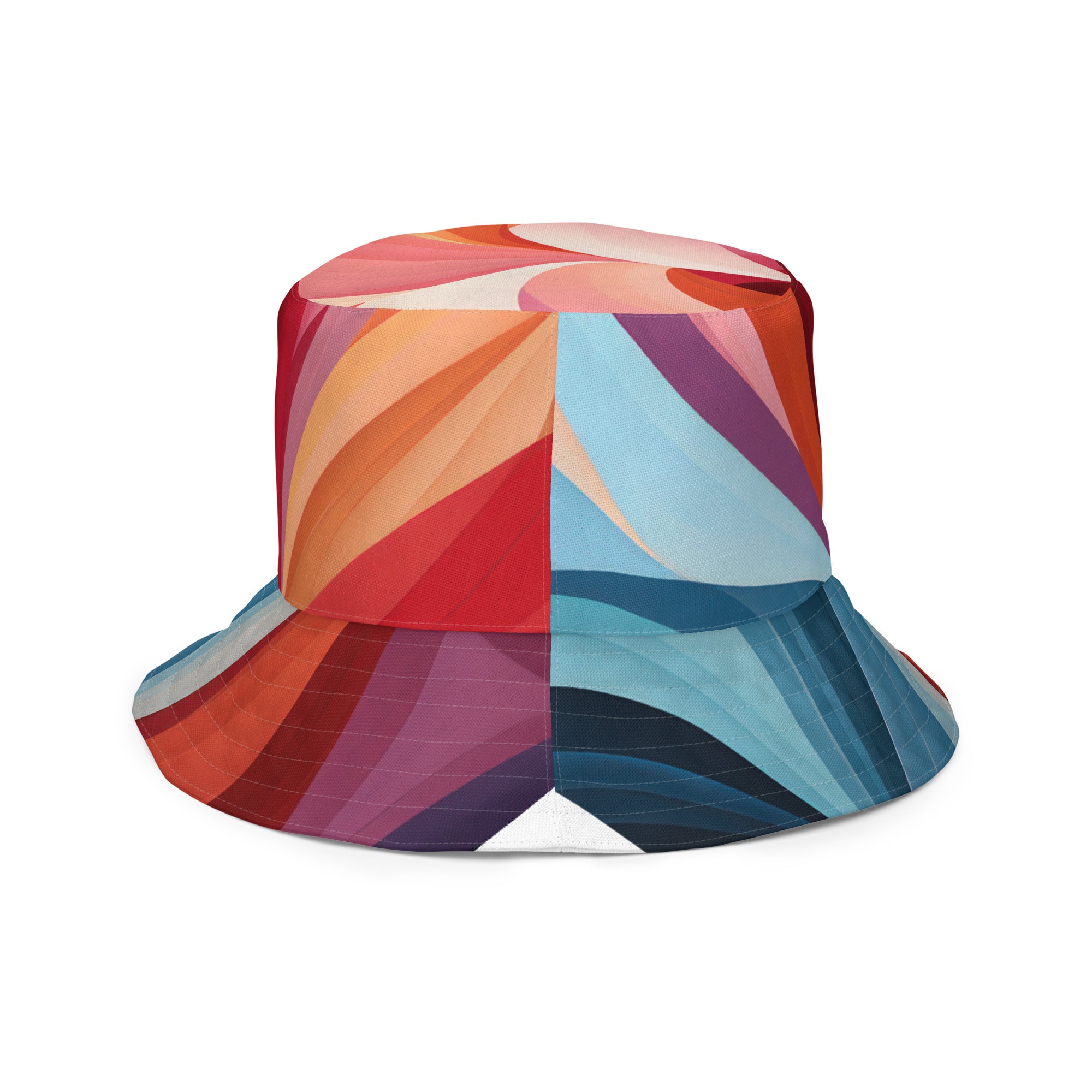 Reversible bucket hat featuring a multicolor heart illustration, showcasing vibrant colors and a stylish design.