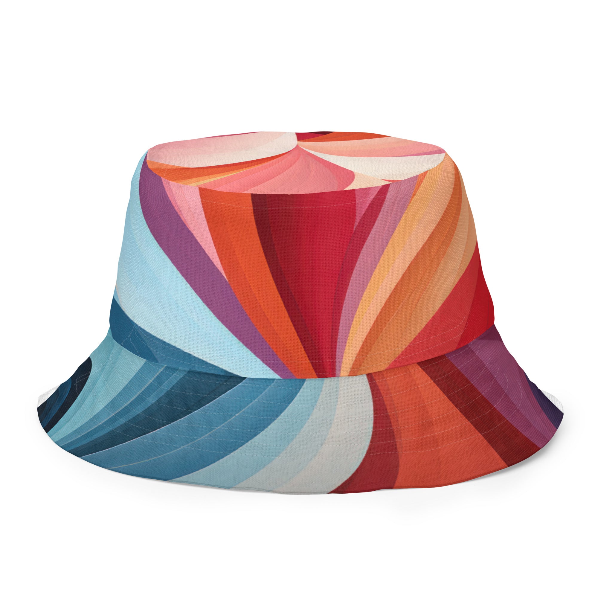 Reversible bucket hat featuring a multicolor heart illustration, showcasing vibrant colors and a stylish design.