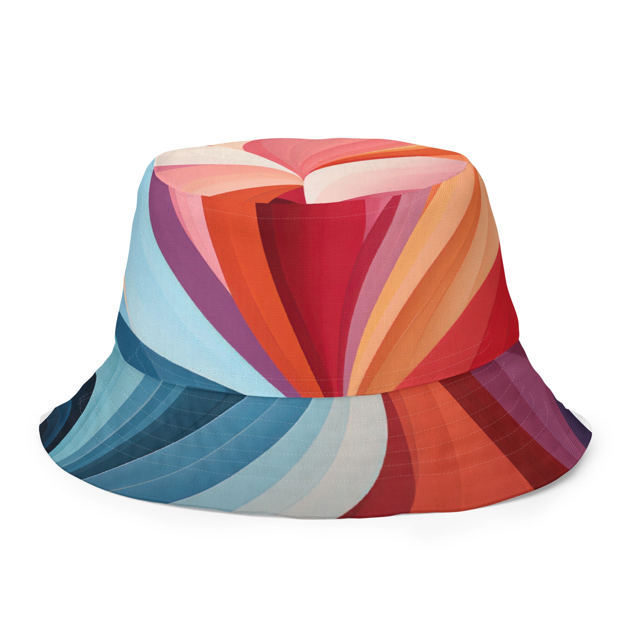 Reversible bucket hat featuring a multicolor heart illustration, showcasing vibrant colors and a stylish design.