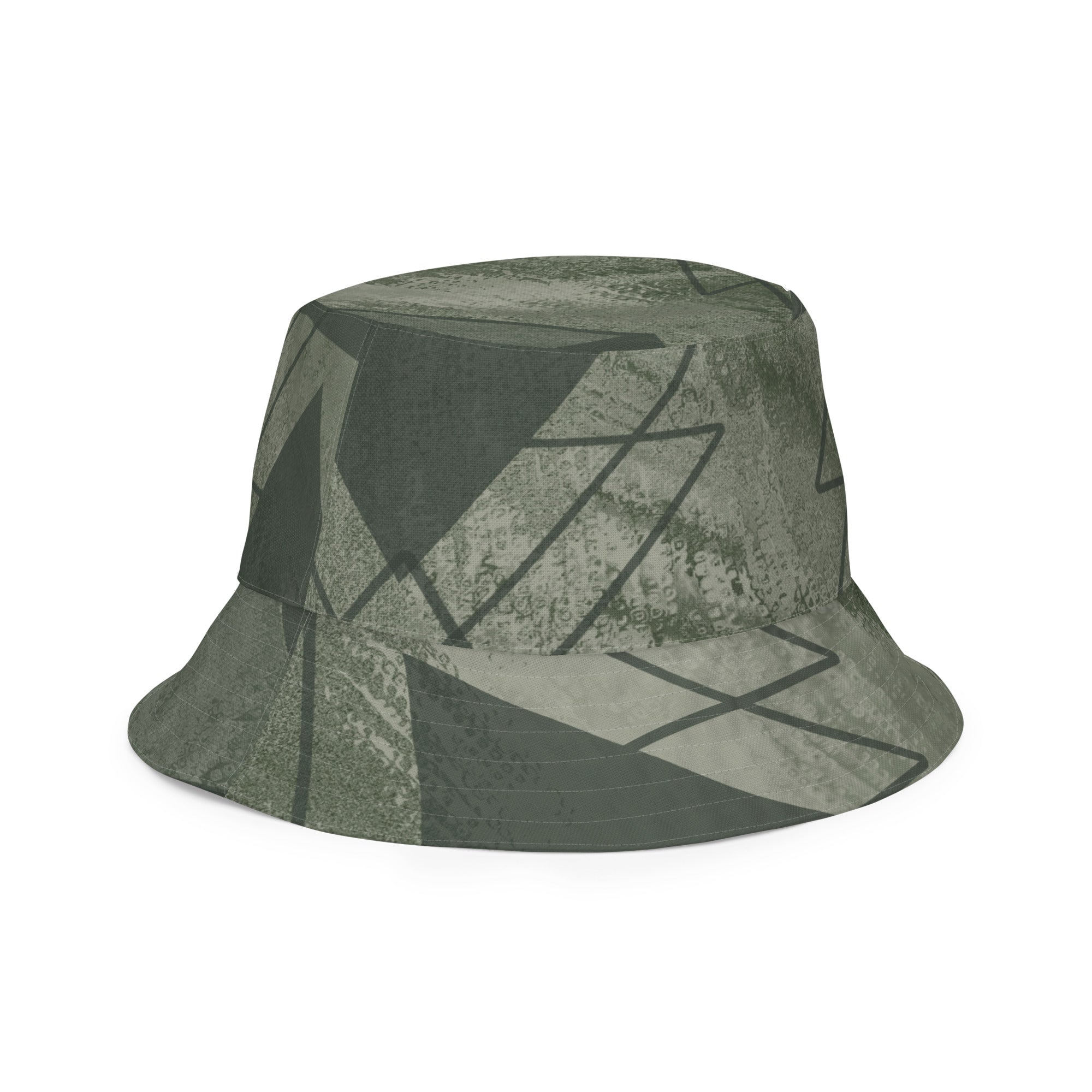 Olive Green Triangular Colorblock Reversible Bucket Hat showcasing its dual-sided design and breathable fabric.