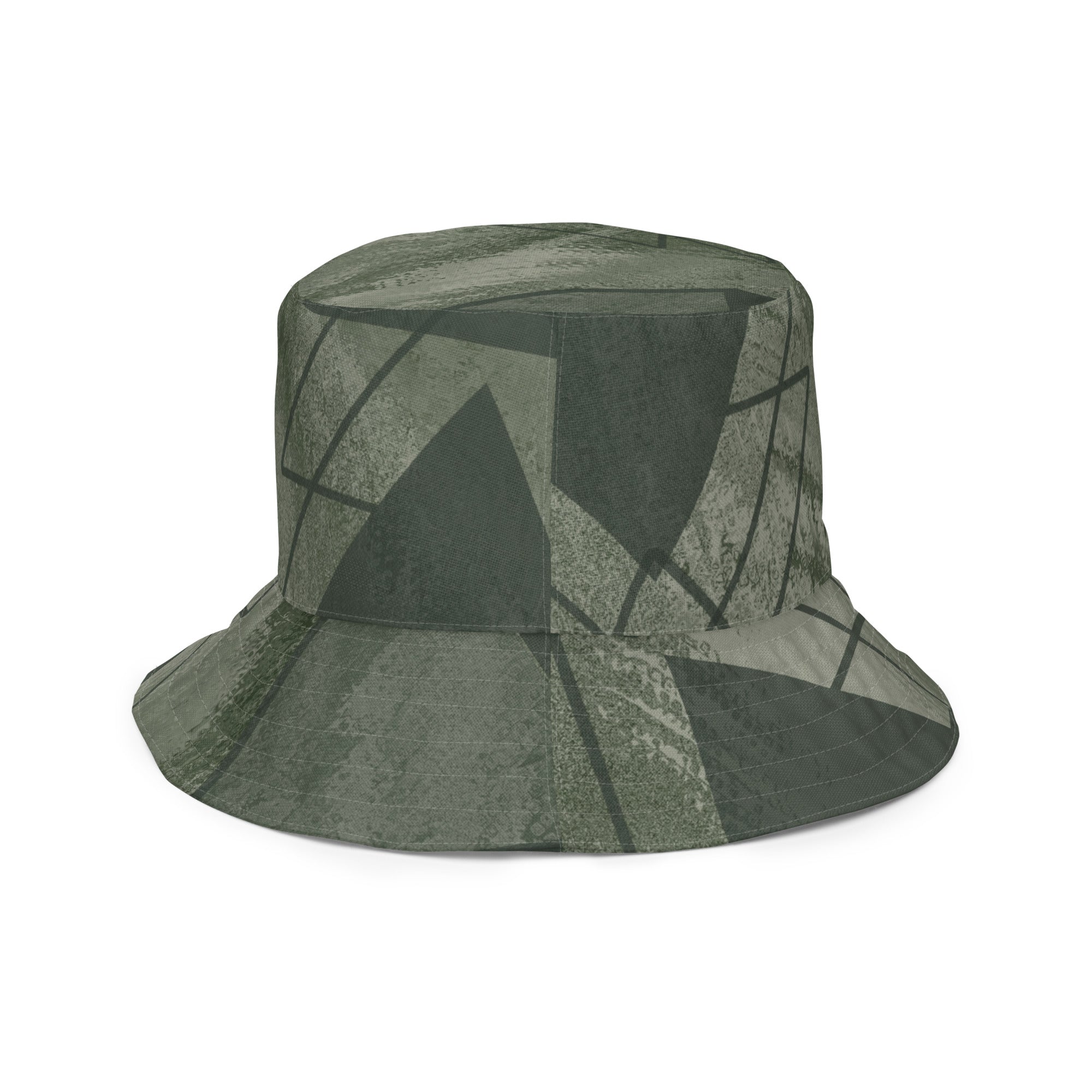 Olive Green Triangular Colorblock Reversible Bucket Hat showcasing its dual-sided design and breathable fabric.