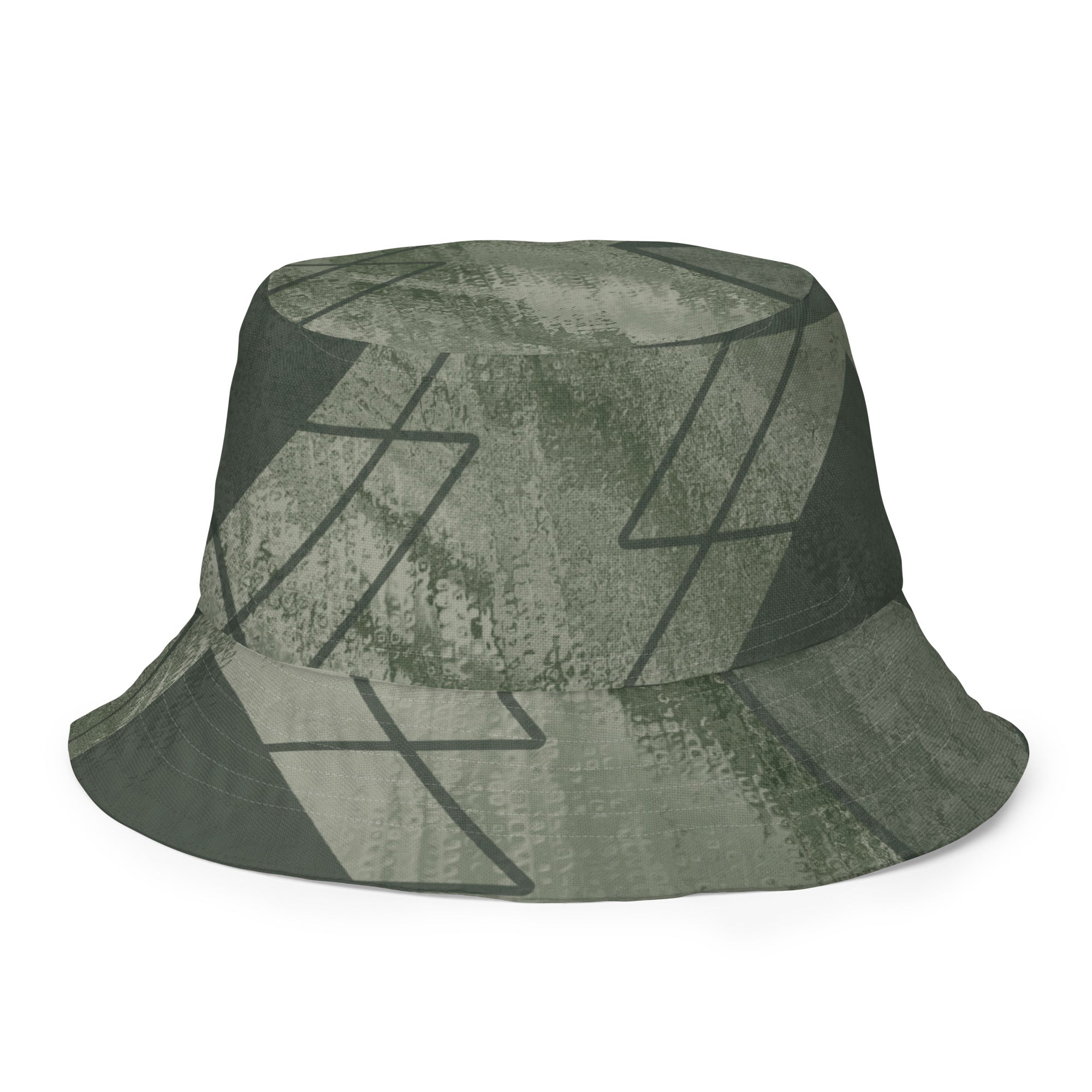 Olive Green Triangular Colorblock Reversible Bucket Hat showcasing its dual-sided design and breathable fabric.